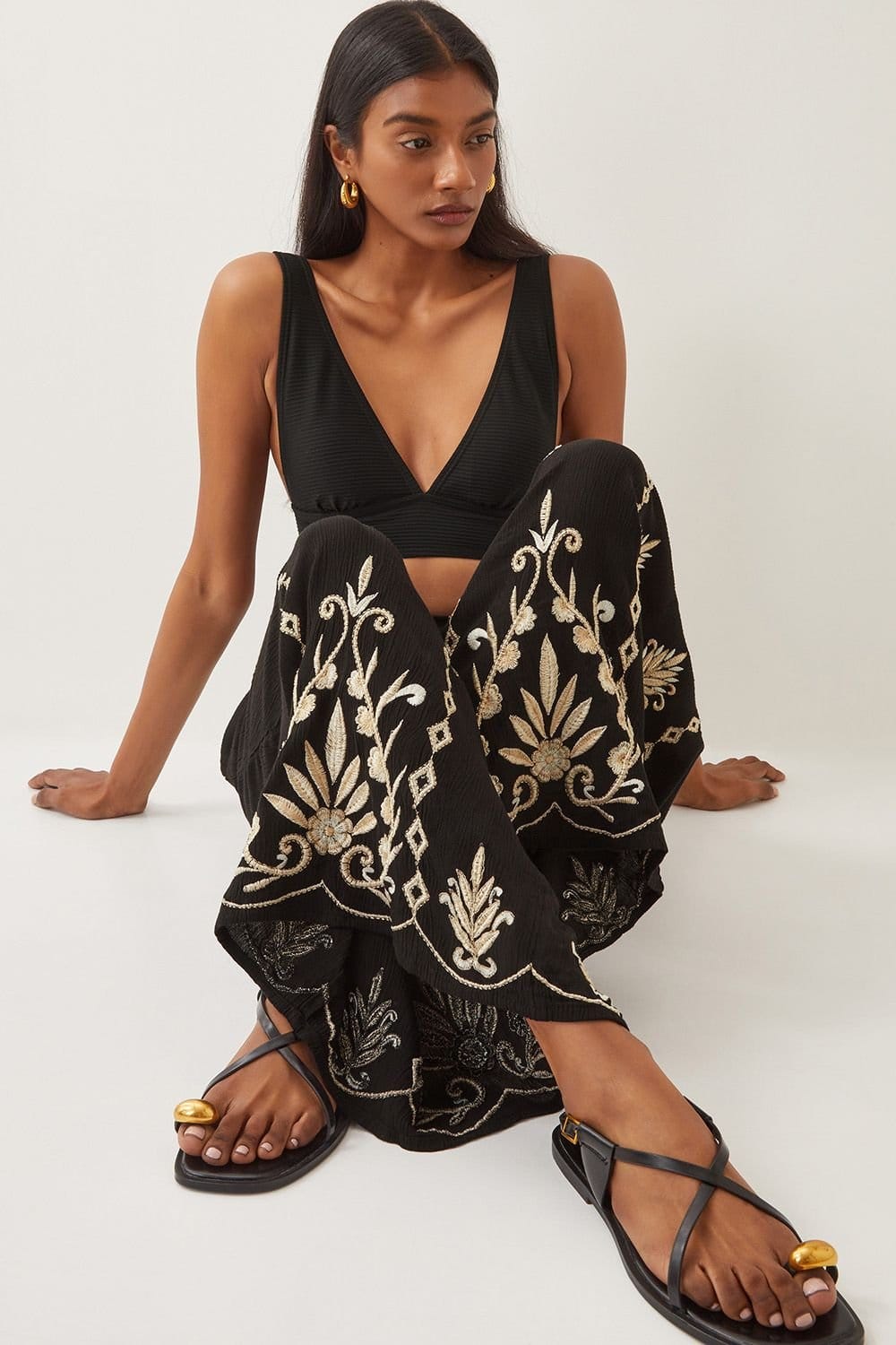 Monsoon Monsoon Women's Saffron Embroidered Wide Leg Trousers Black - 4