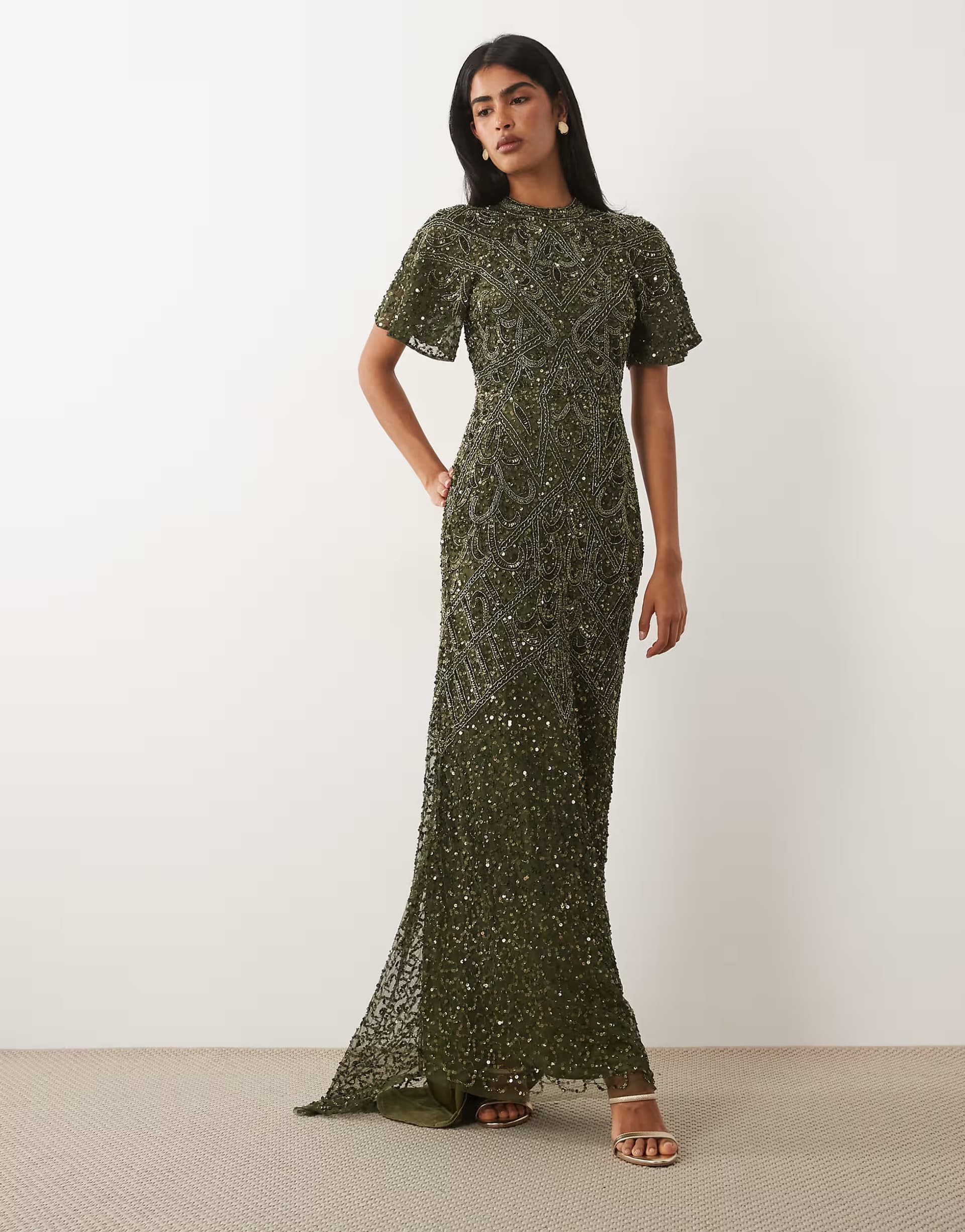 ASOS Beauut embellished high neck open back maxi dress in dark green