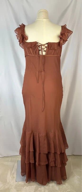 ASOS Design UK 18 ASOS Design Rust Brown Corset Maxi Dress Wedding Guest Festival Boho Ruffle Chiffon