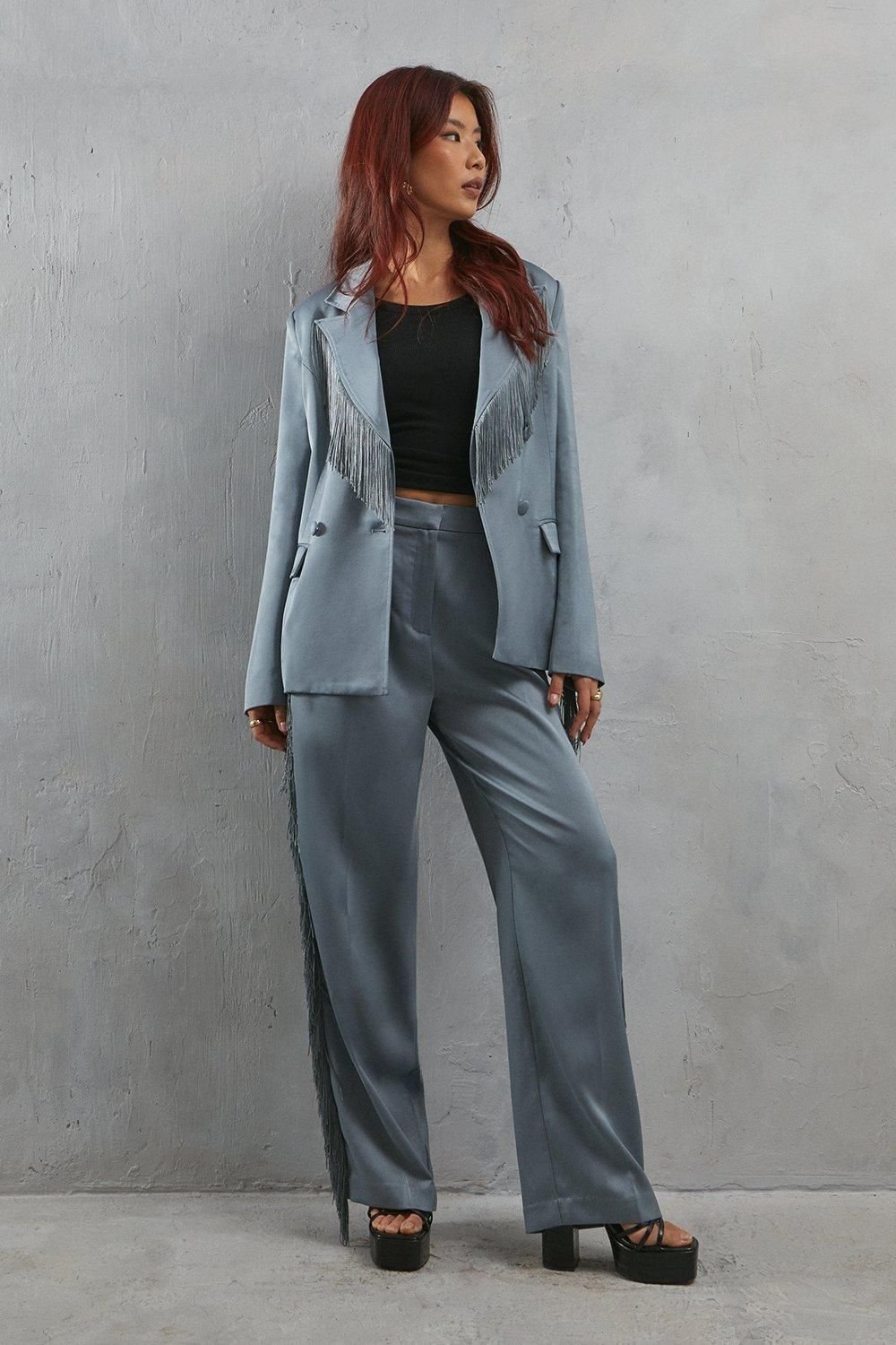 Warehouse Warehouse Women's Premium Fringe Side Straight Leg Trouser in Gun Metal - 4