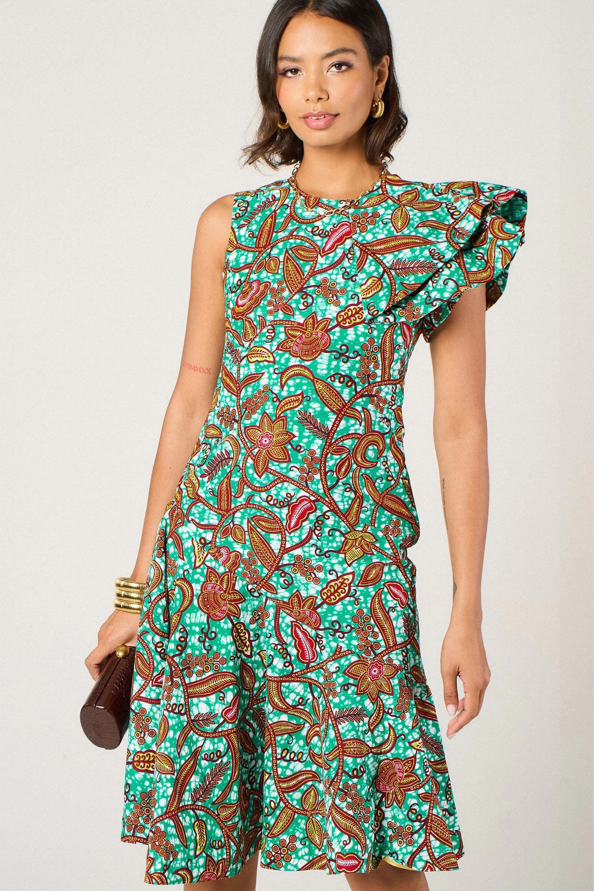 Dals Hart Dals Hart Women's Asymmetric Ruffle Midi Dress in Green Floral Print