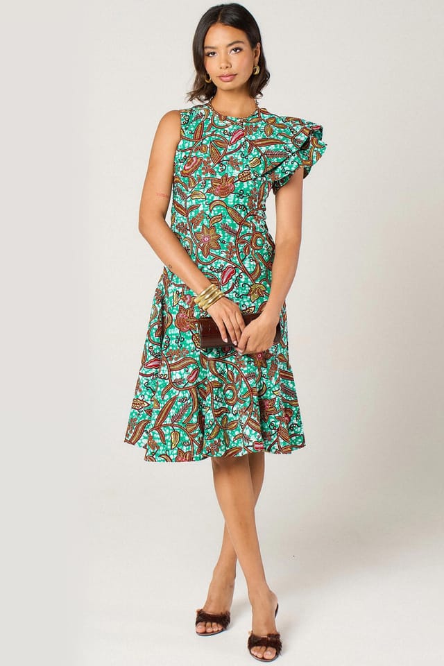 Dals Hart Dals Hart Women's Asymmetric Ruffle Midi Dress in Green Floral Print - 2
