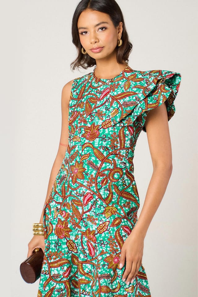Dals Hart Dals Hart Women's Asymmetric Ruffle Midi Dress in Green Floral Print - 3