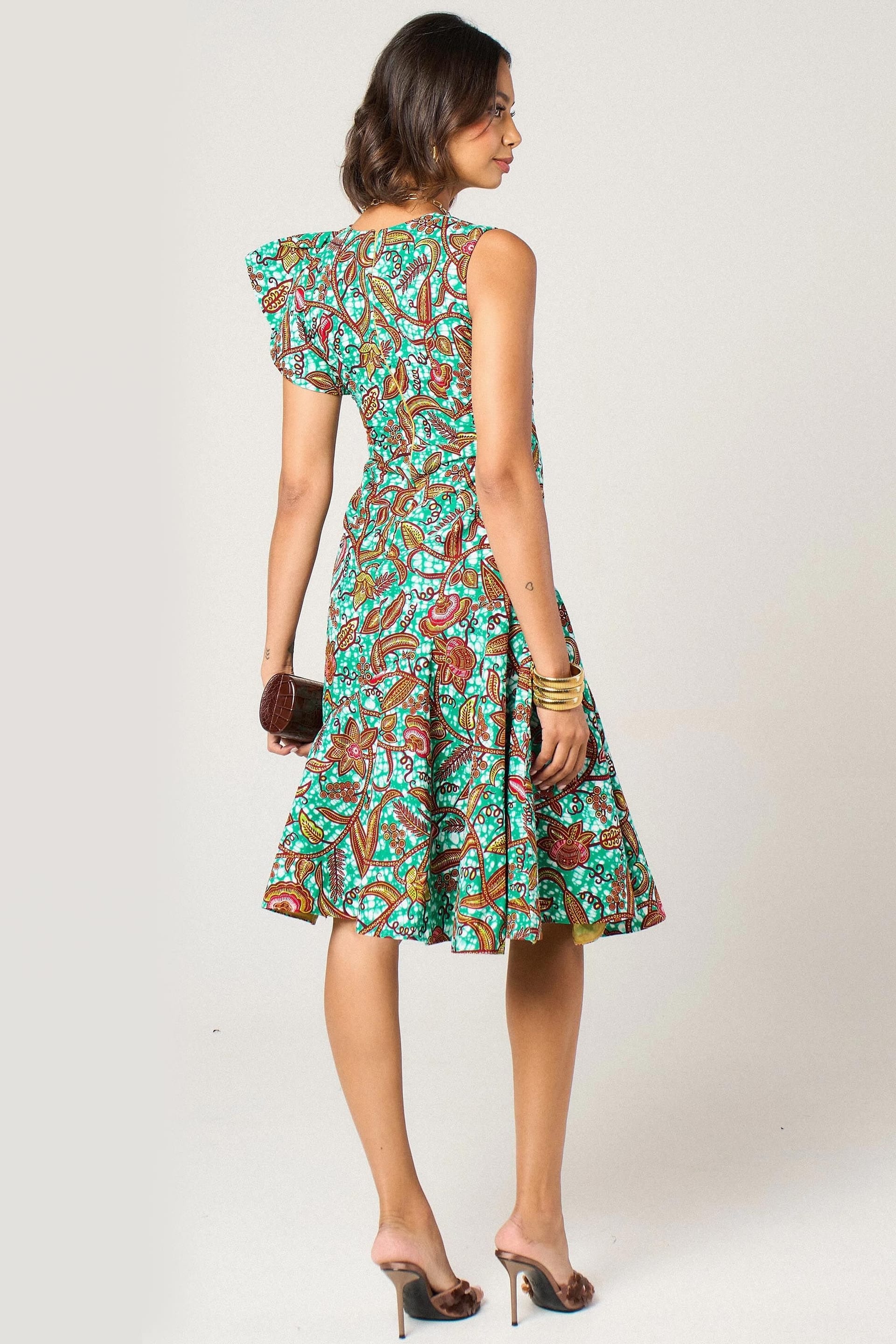 Dals Hart Dals Hart Women's Asymmetric Ruffle Midi Dress in Green Floral Print - 4