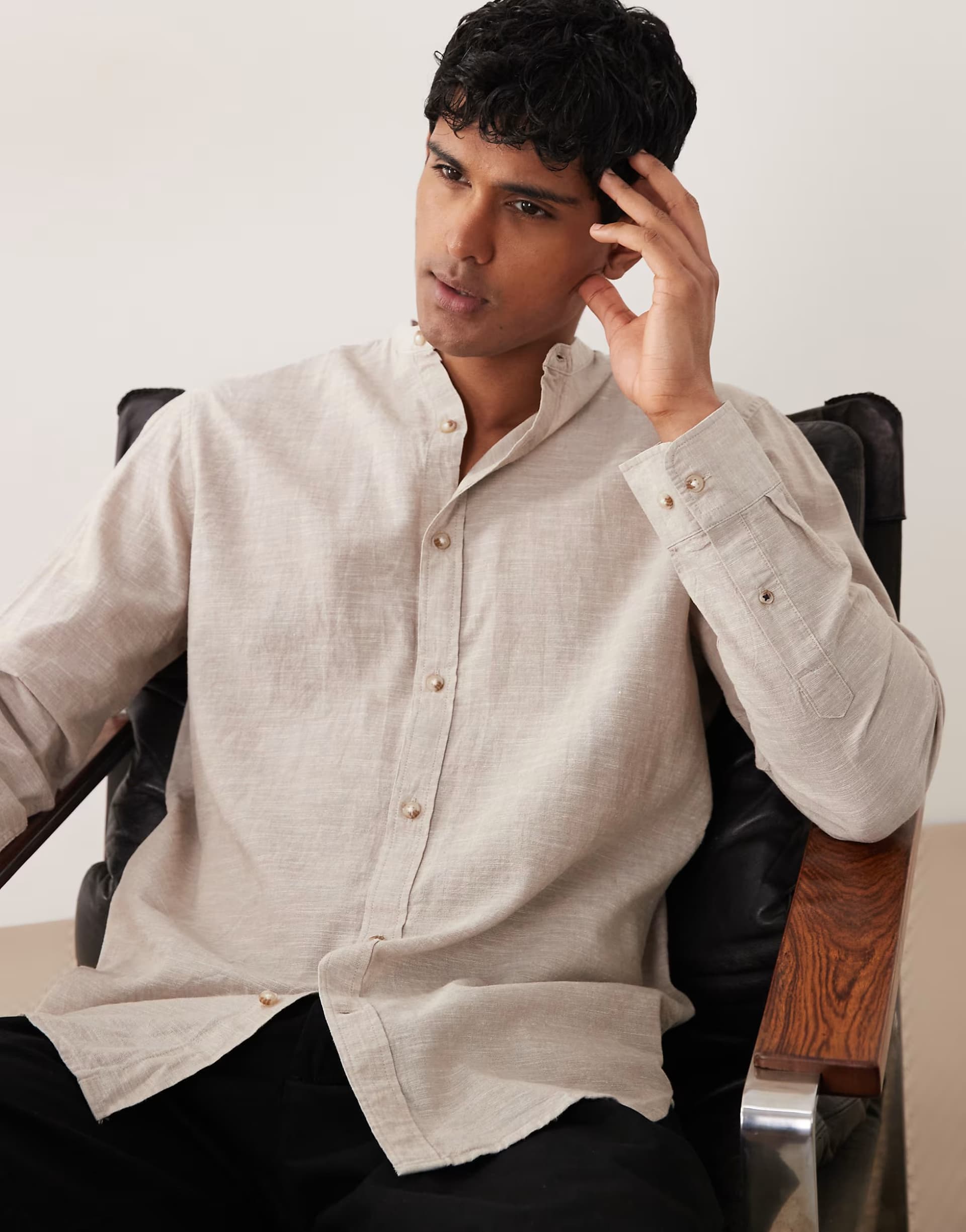 ASOS Jack & Jones grandad collar linen blend long sleeve shirt in beige