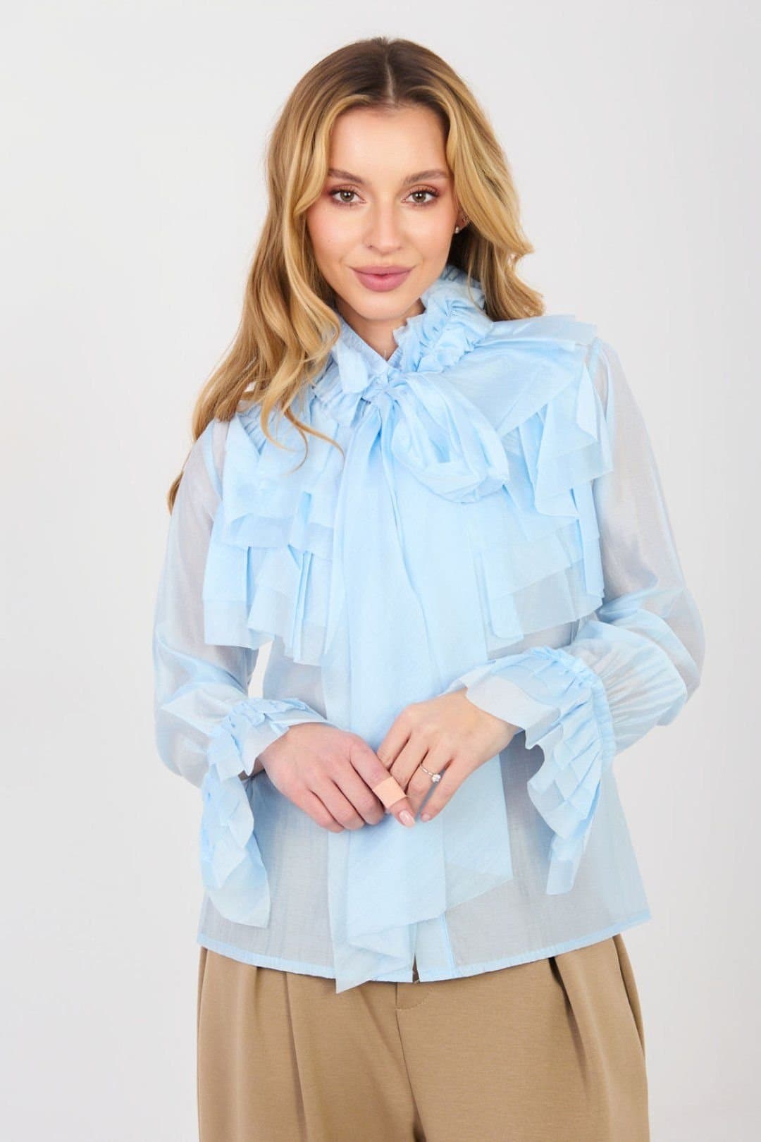 Love Lace Love Lace Women's Elegant Stand Collar Long Sleeve Jabot Shirt Style 223464 in Blue