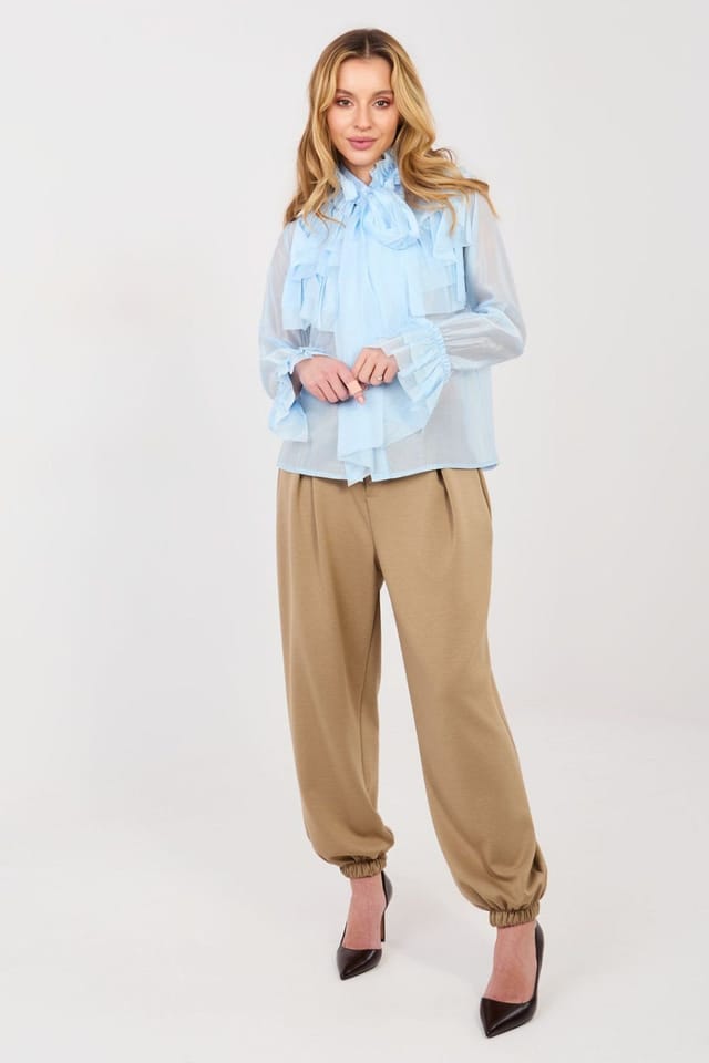 Love Lace Love Lace Women's Elegant Stand Collar Long Sleeve Jabot Shirt Style 223464 in Blue - 2