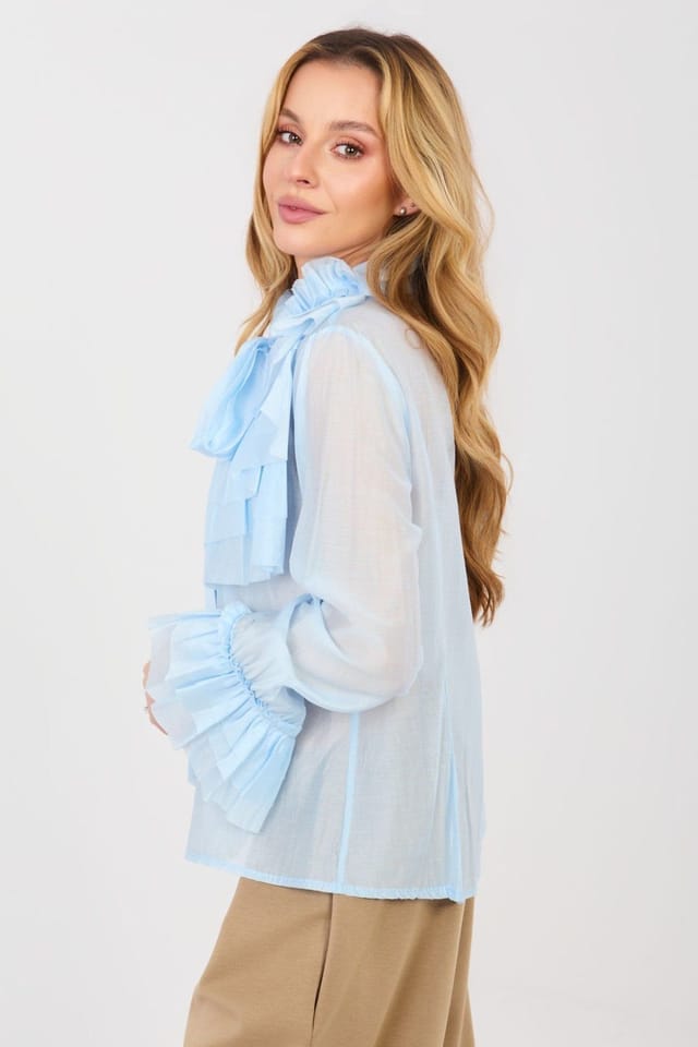 Love Lace Love Lace Women's Elegant Stand Collar Long Sleeve Jabot Shirt Style 223464 in Blue - 3