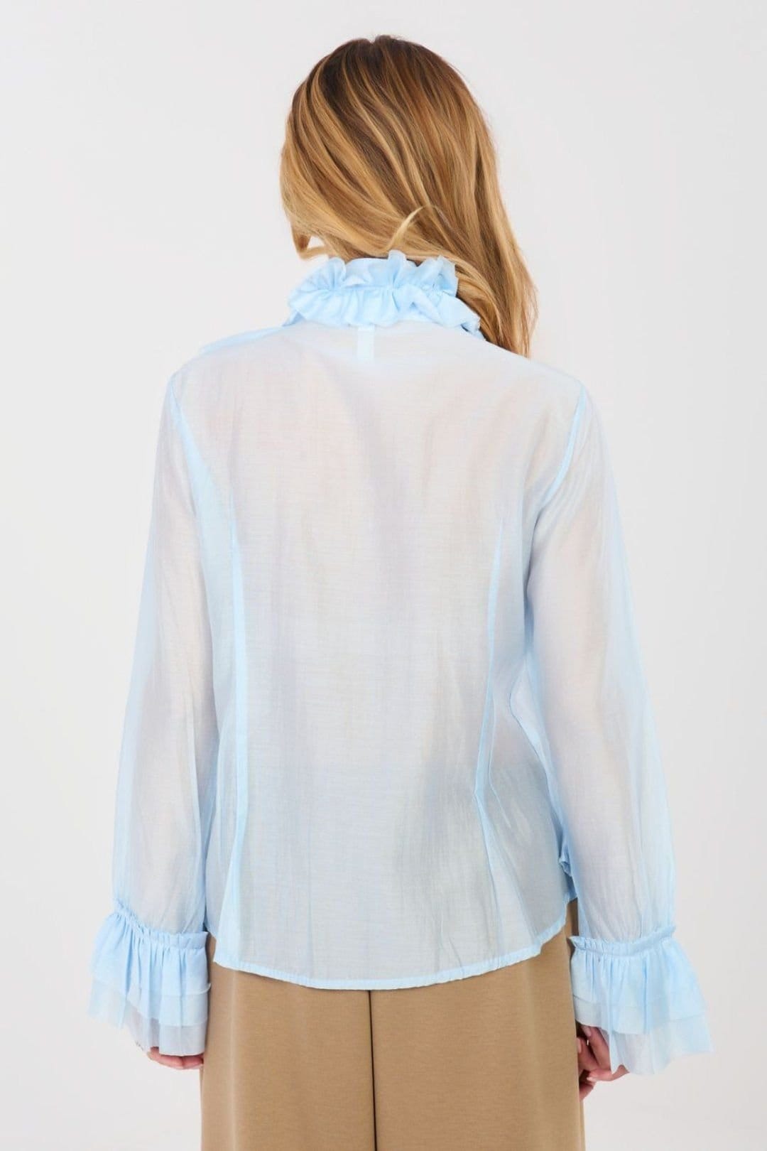 Love Lace Love Lace Women's Elegant Stand Collar Long Sleeve Jabot Shirt Style 223464 in Blue - 4