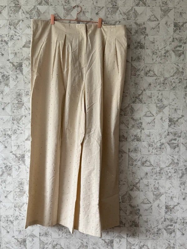 ASOS ASOS luxe hotfix embellished linen wide leg trouser in stone UK22 RRP£85 - 1