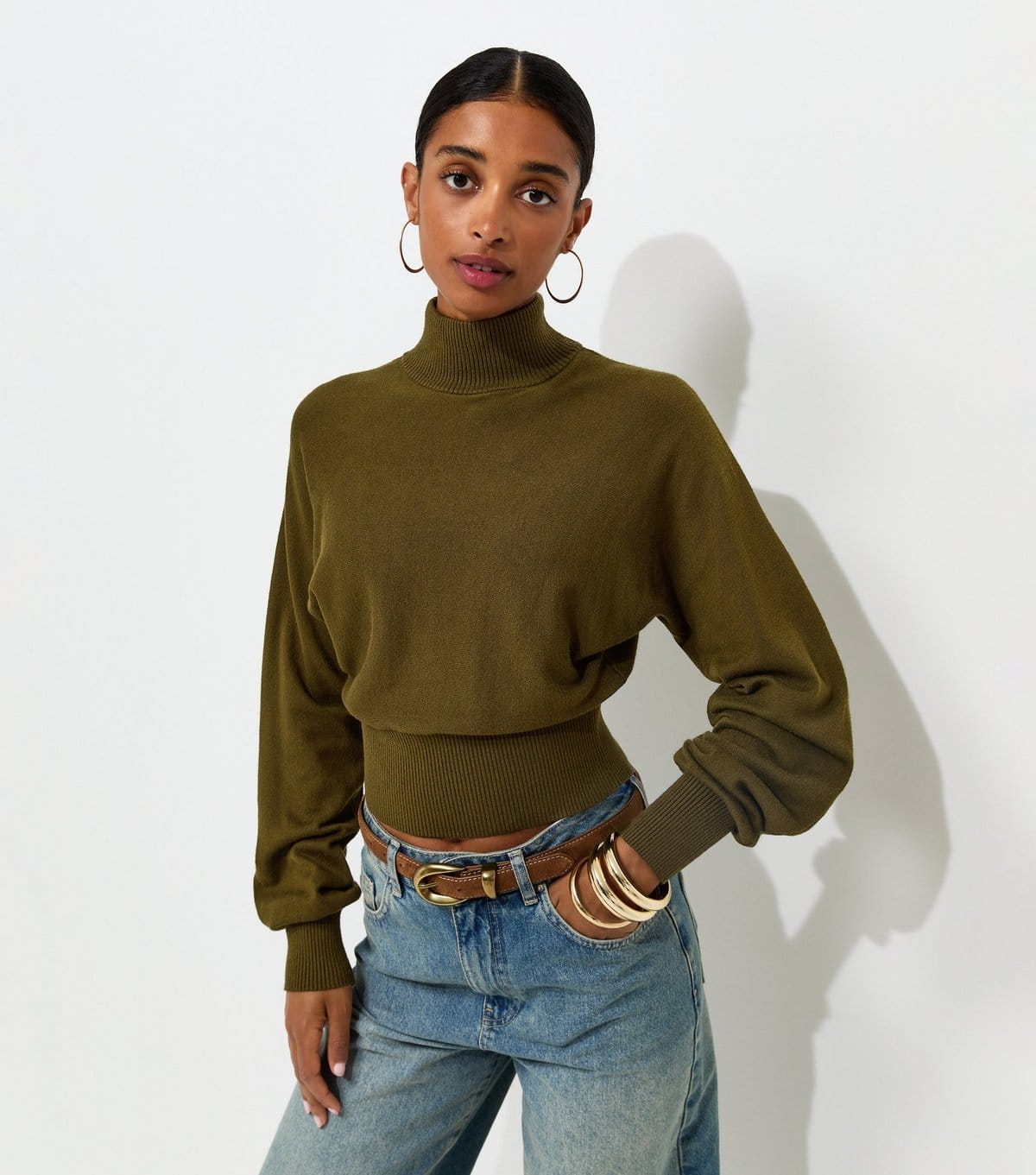 Women's Light Khaki High Neck Batwing Sleeve Knitted Jumper New Look