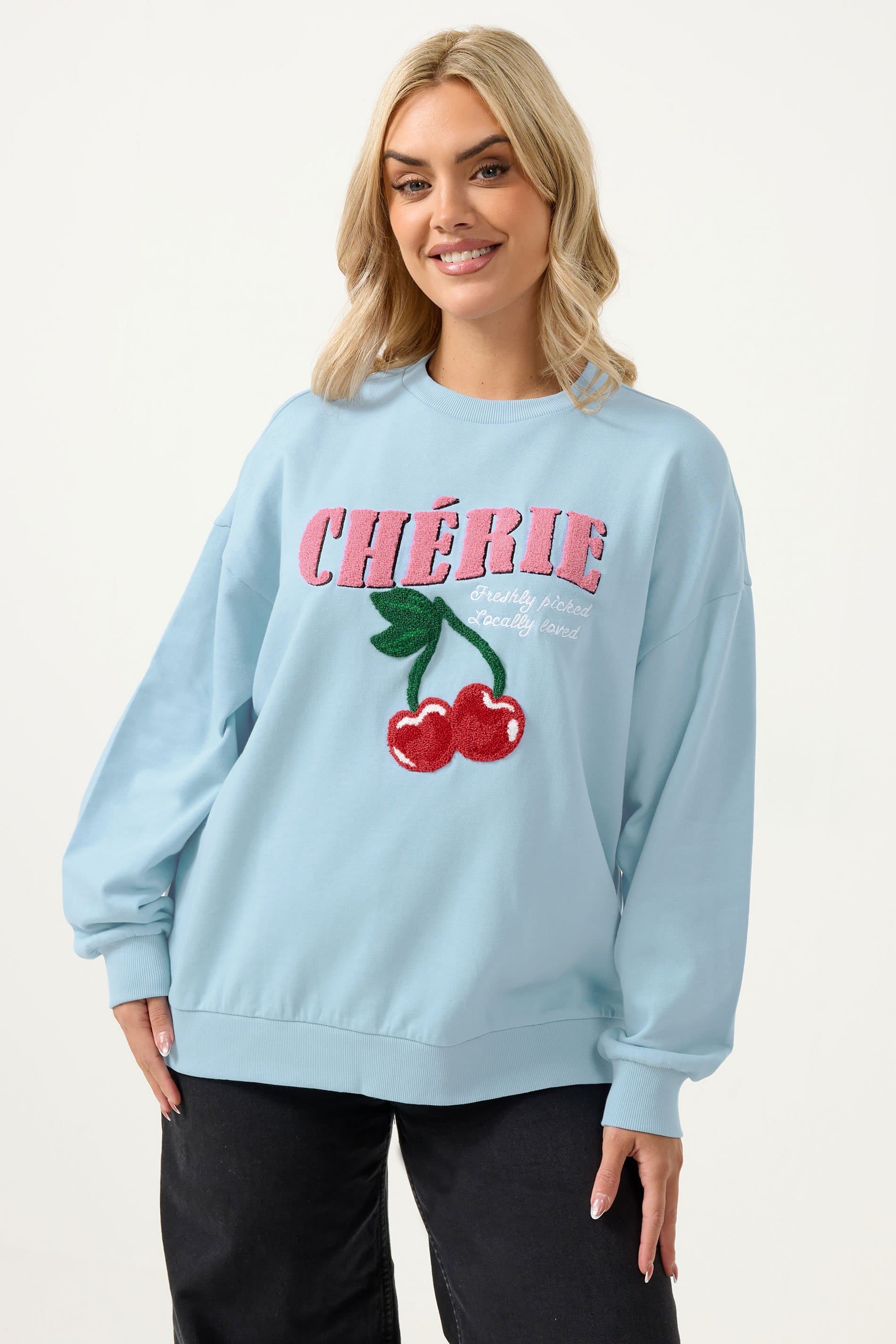 Yours Plus Size Blue 'Cherie' Slogan Sweatshirt