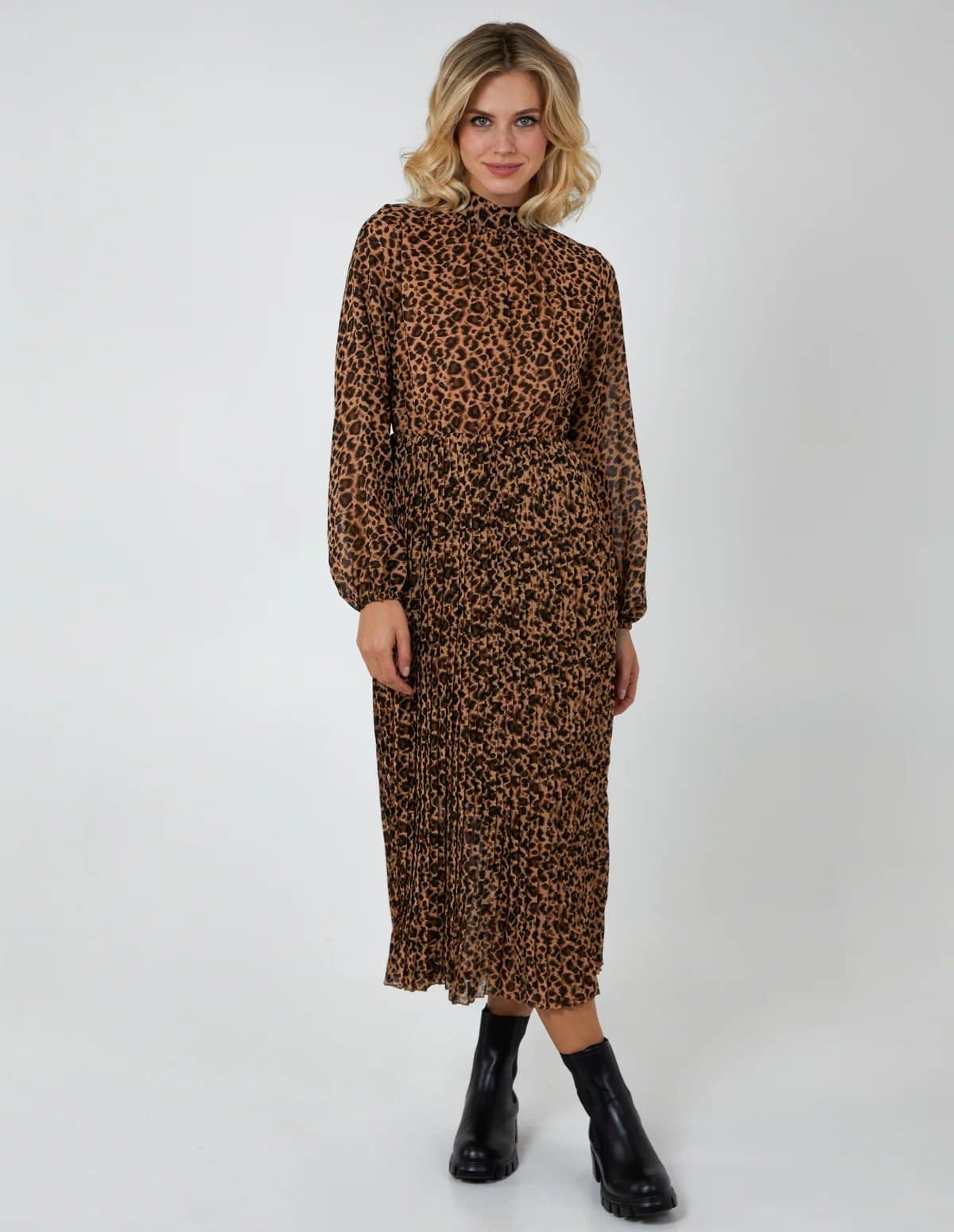 Blue Vanilla Animal Print High Neck Blouson Pleated Dress