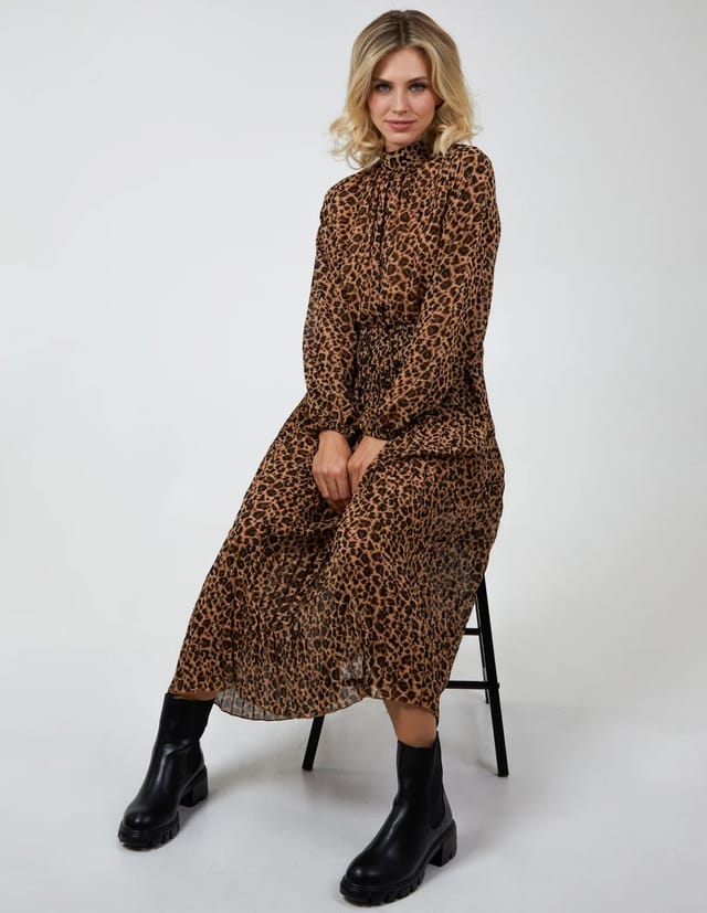 Blue Vanilla Animal Print High Neck Blouson Pleated Dress - 3
