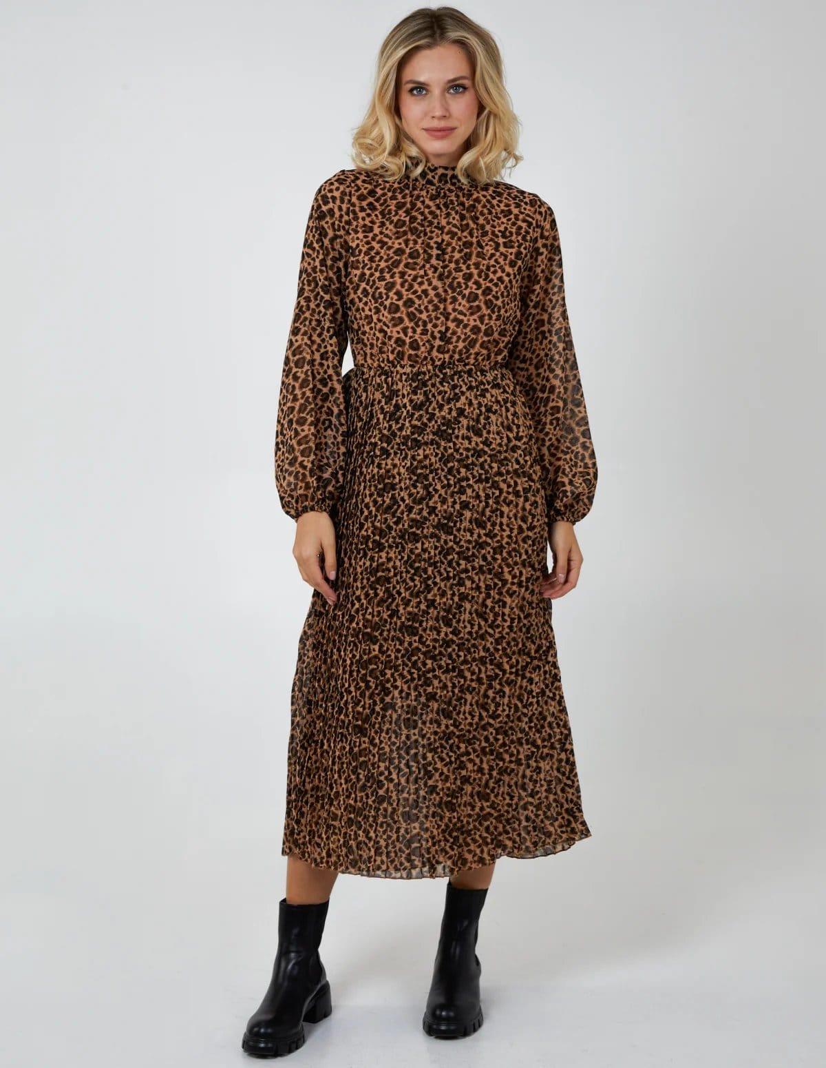 Blue Vanilla Animal Print High Neck Blouson Pleated Dress - 4
