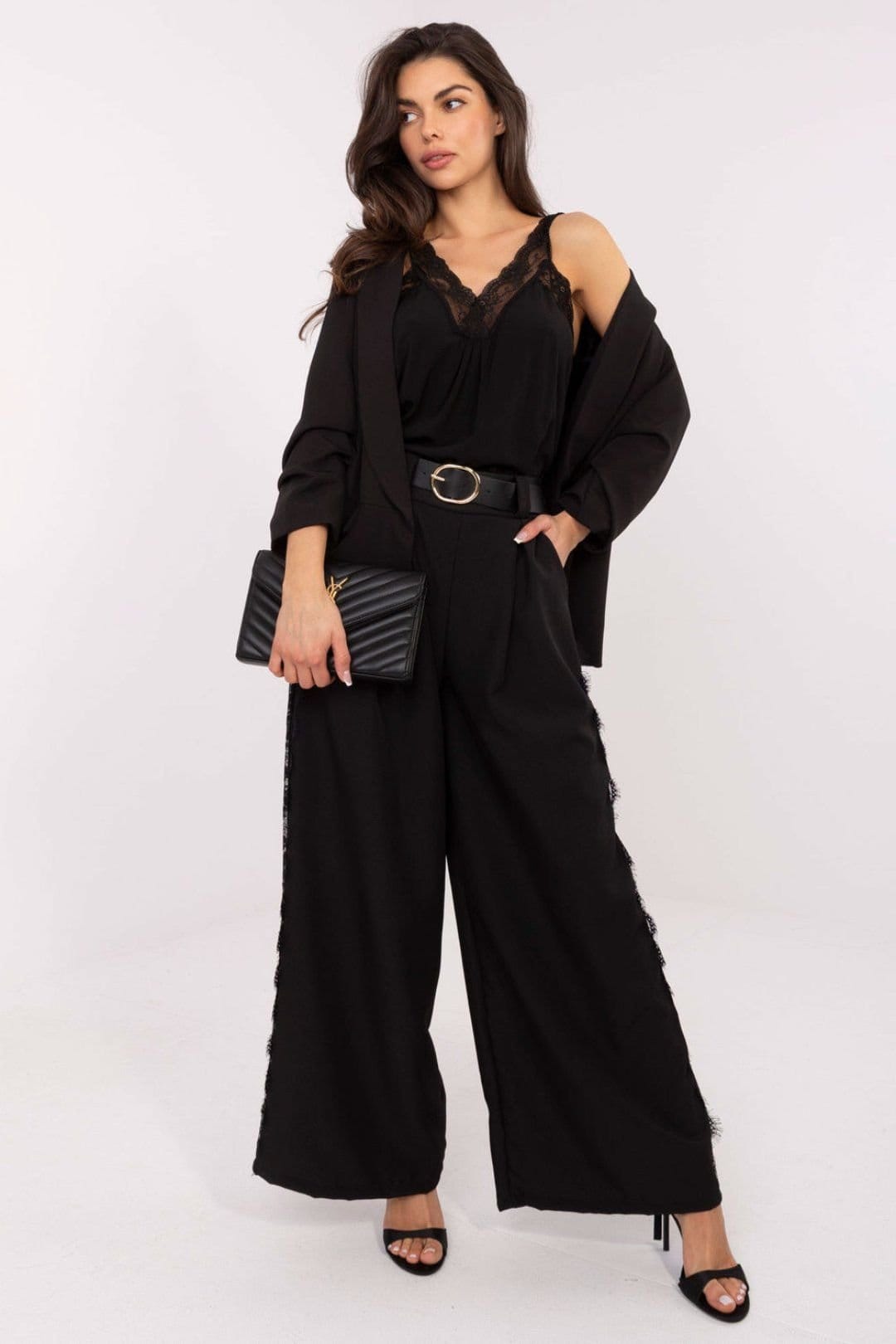 Love Lace Black Viscose/Elastane High Waist Wide Leg Trousers