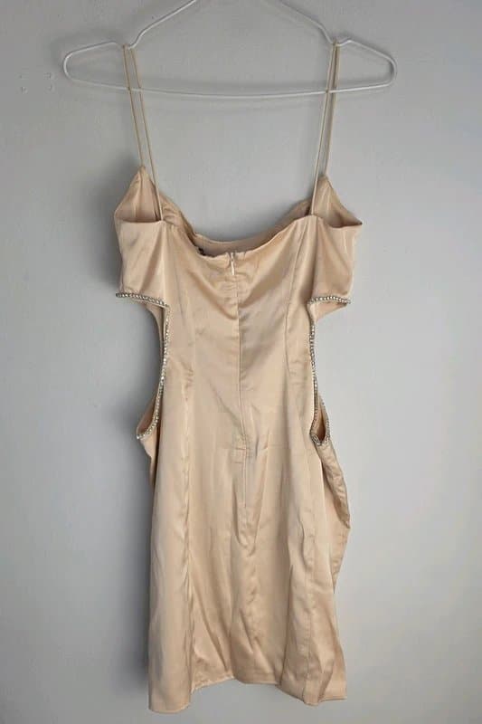 Oh Polly oh polly embellished cut out satin mini dress beige size 8