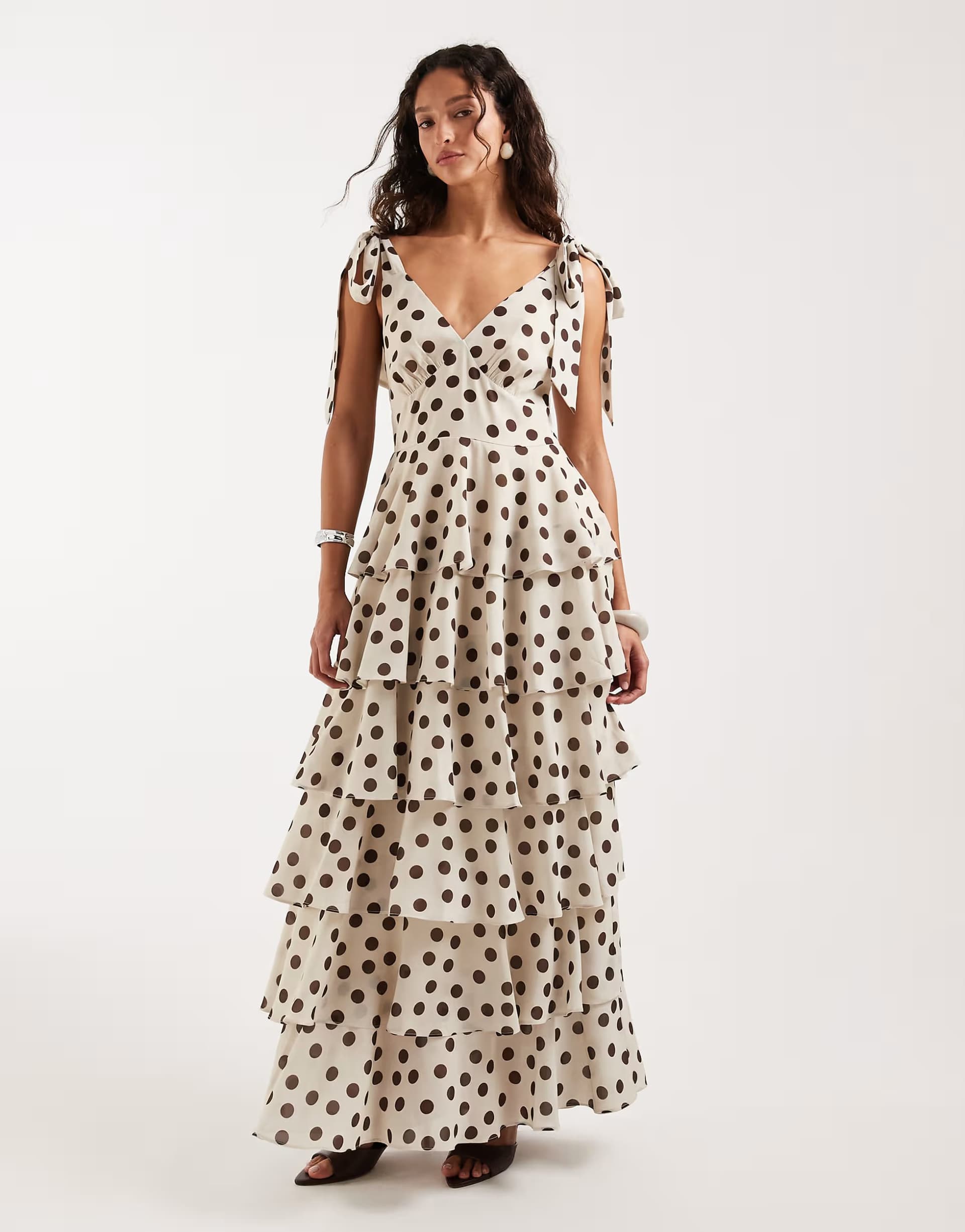 ASOS Pretty Lavish tie detail ruffle tiered maxi dress in brown polka dot