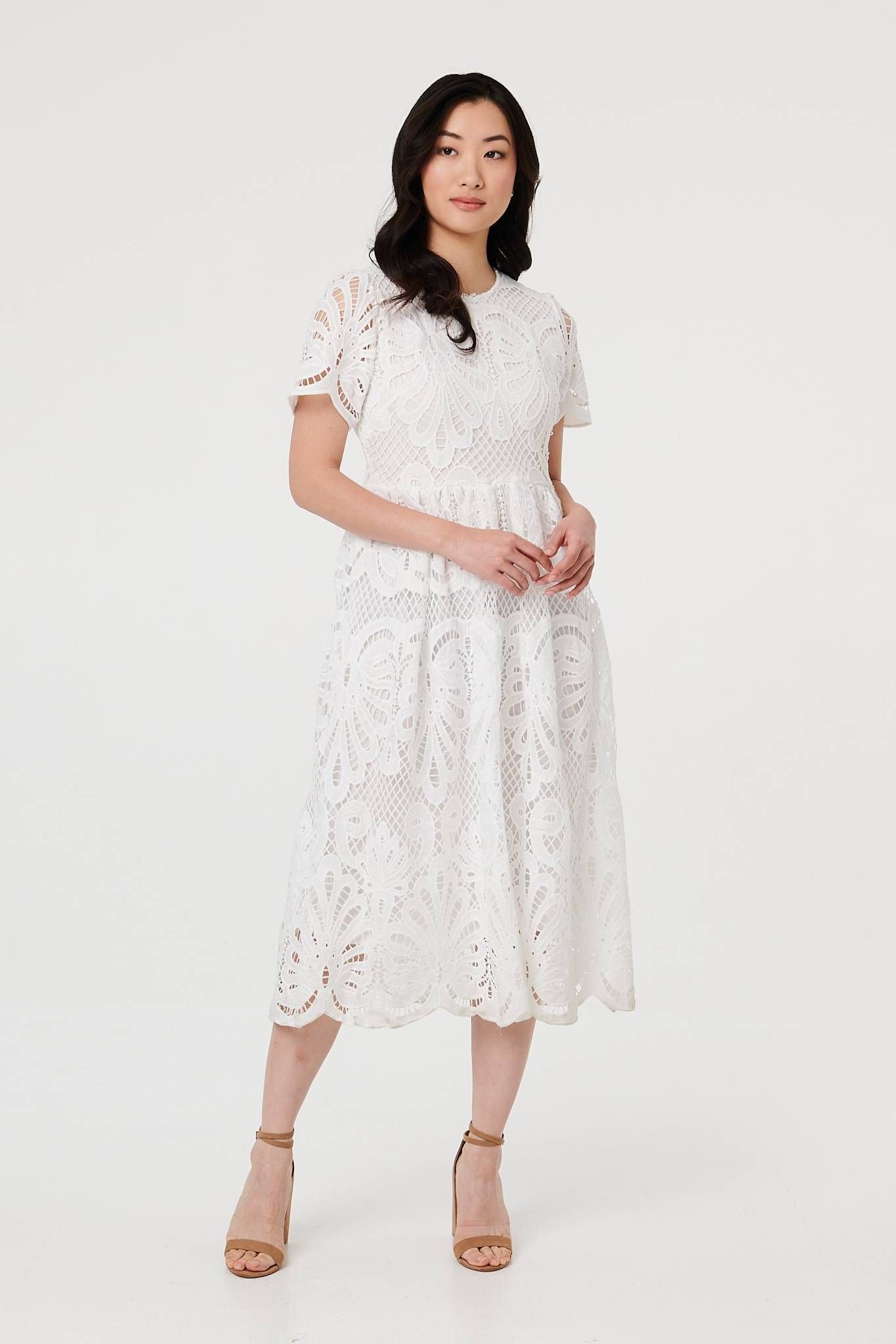 Izabel London Izabel London Women's Semi Sheer Lace Layered Midi Dress in White - 2