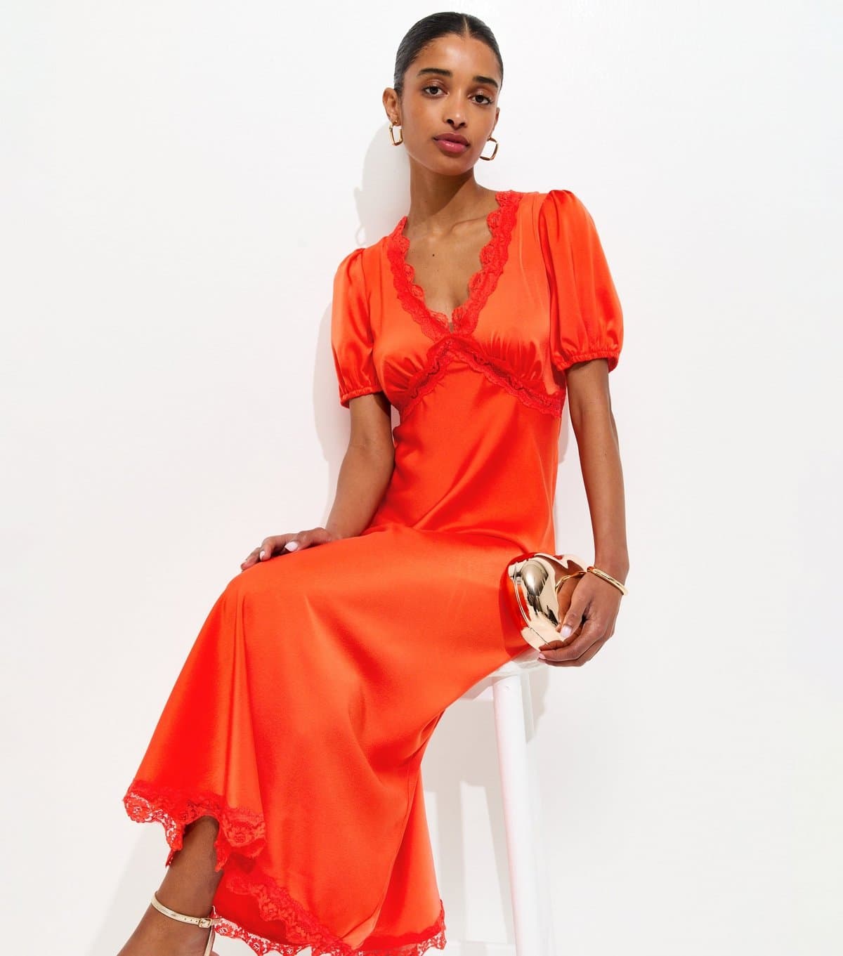 New Look Women's Red Satin Lace Trim Tea Midi Dress New Look