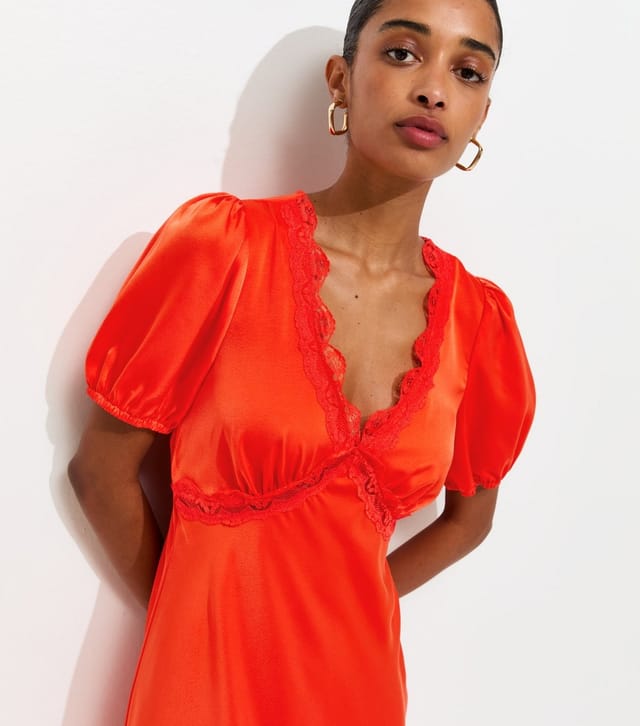 New Look Women's Red Satin Lace Trim Tea Midi Dress New Look - 2