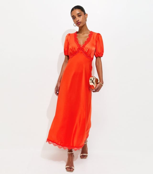 New Look Women's Red Satin Lace Trim Tea Midi Dress New Look - 3