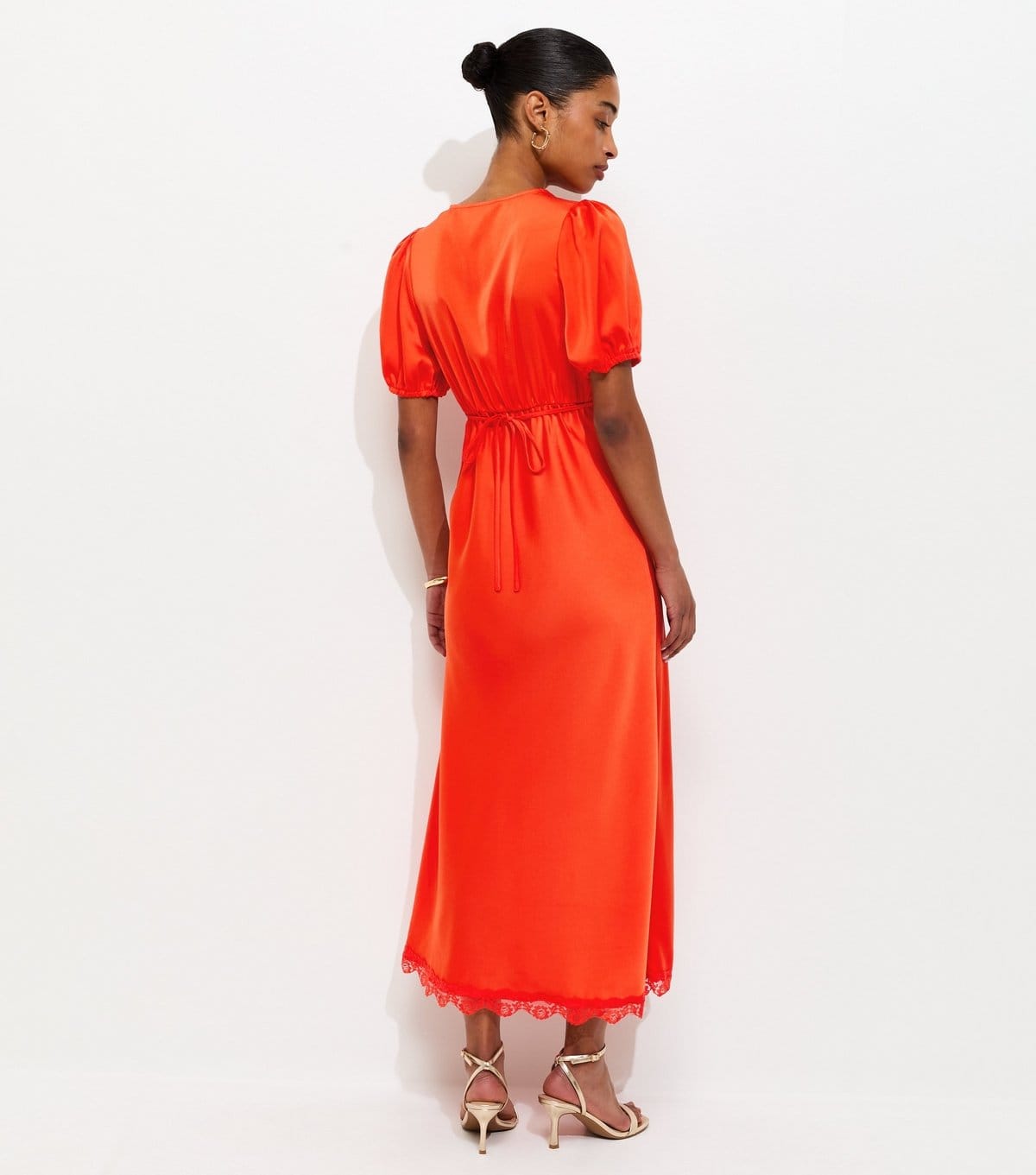 New Look Women's Red Satin Lace Trim Tea Midi Dress New Look - 4