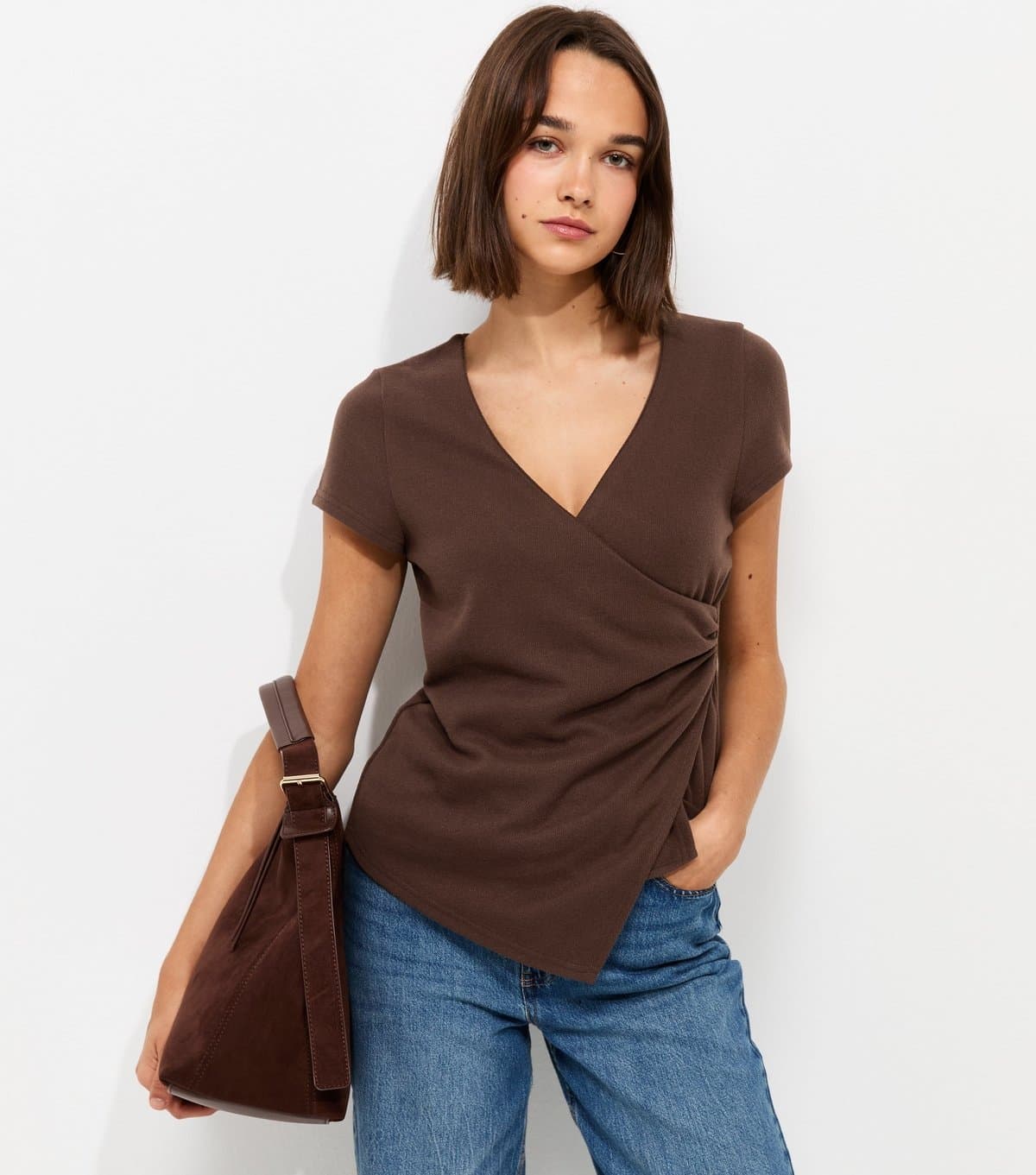New Look New Look Dark Brown Soft Touch Wrap Cap Sleeve Top