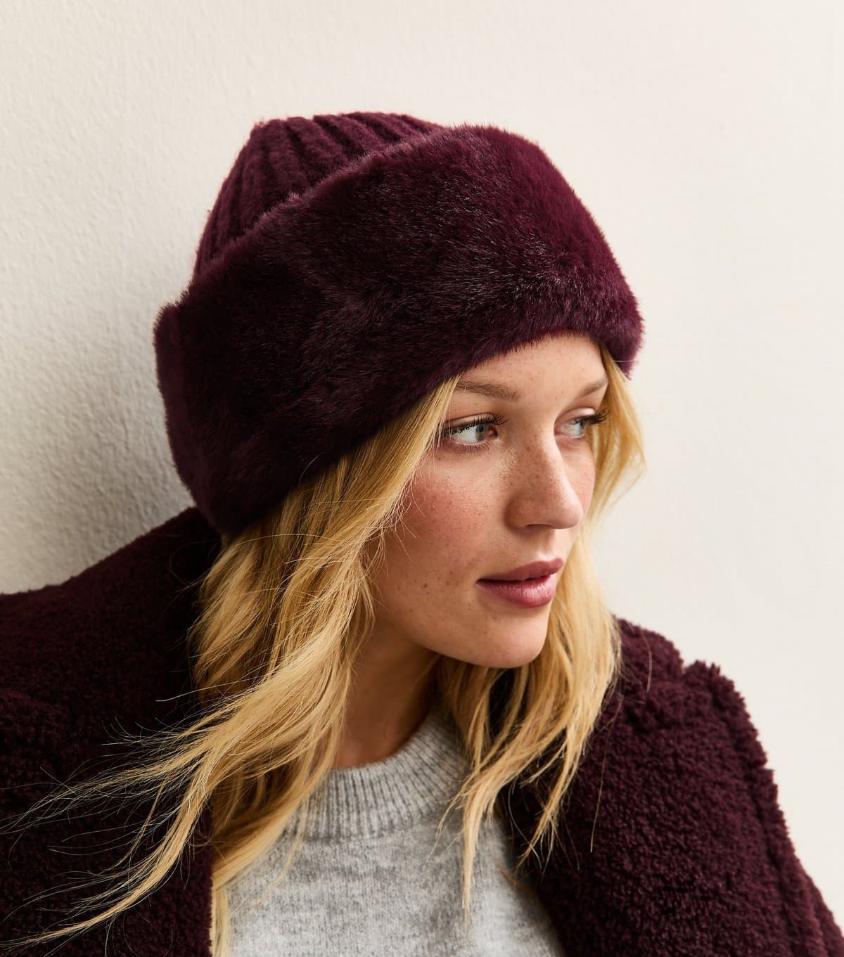 New Look New Look Dark Burgundy Faux Fur Trim Hat