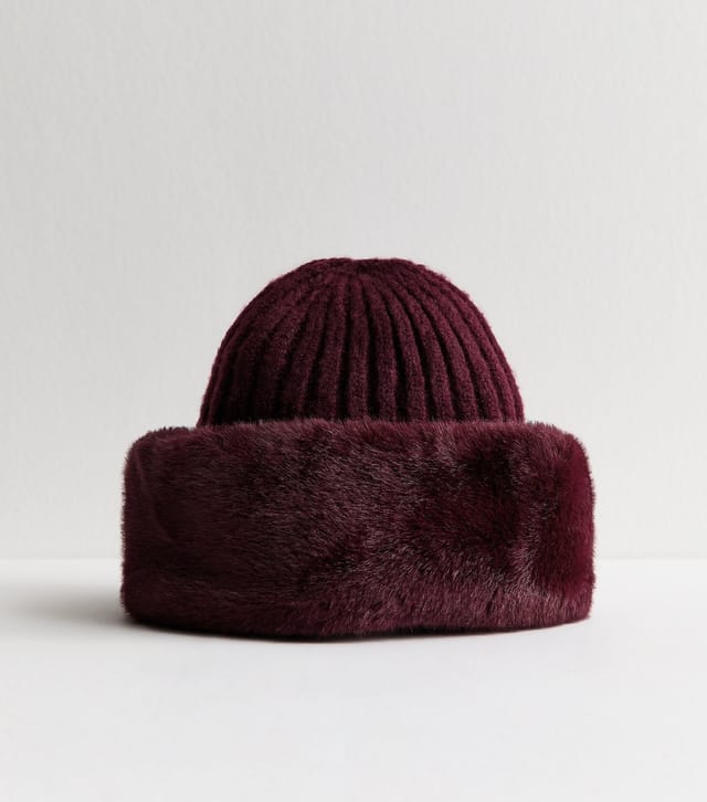 New Look Dark Burgundy Faux Fur Trim Hat New Look - 2