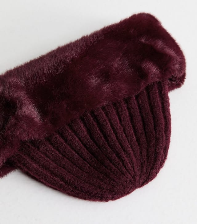 New Look Dark Burgundy Faux Fur Trim Hat New Look - 3