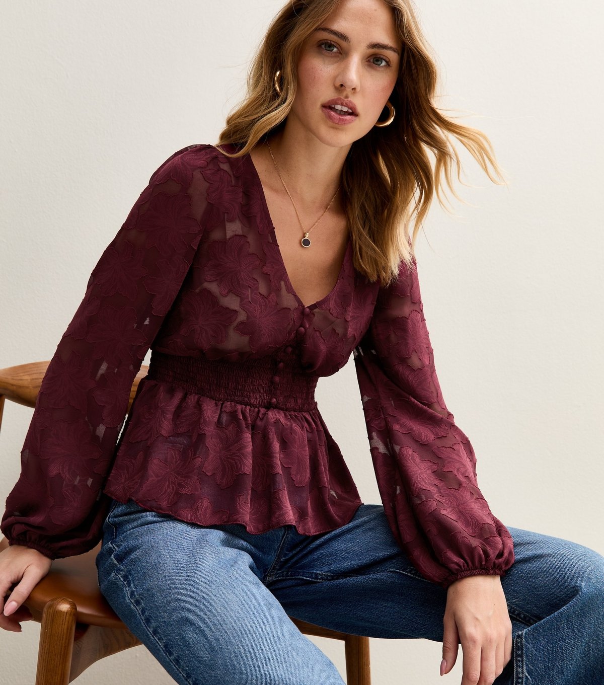 New Look Women's Burgundy Floral Jacquard Buttoned Long Sleeve Blouse New Look - 1