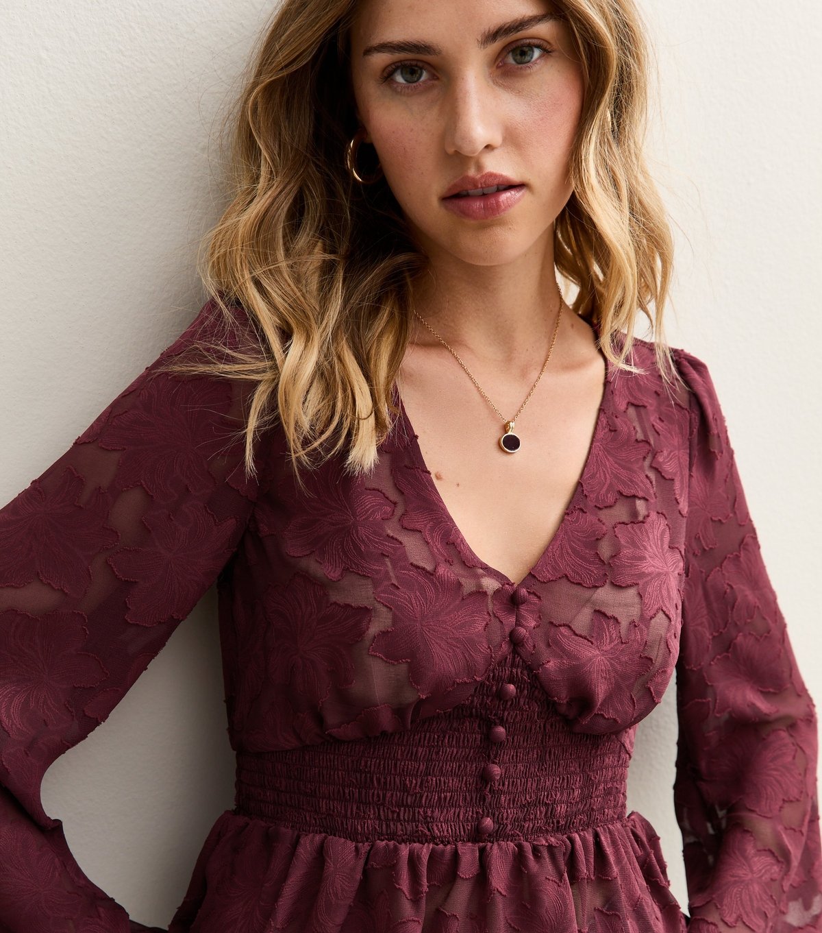 New Look Women's Burgundy Floral Jacquard Buttoned Long Sleeve Blouse New Look - 2