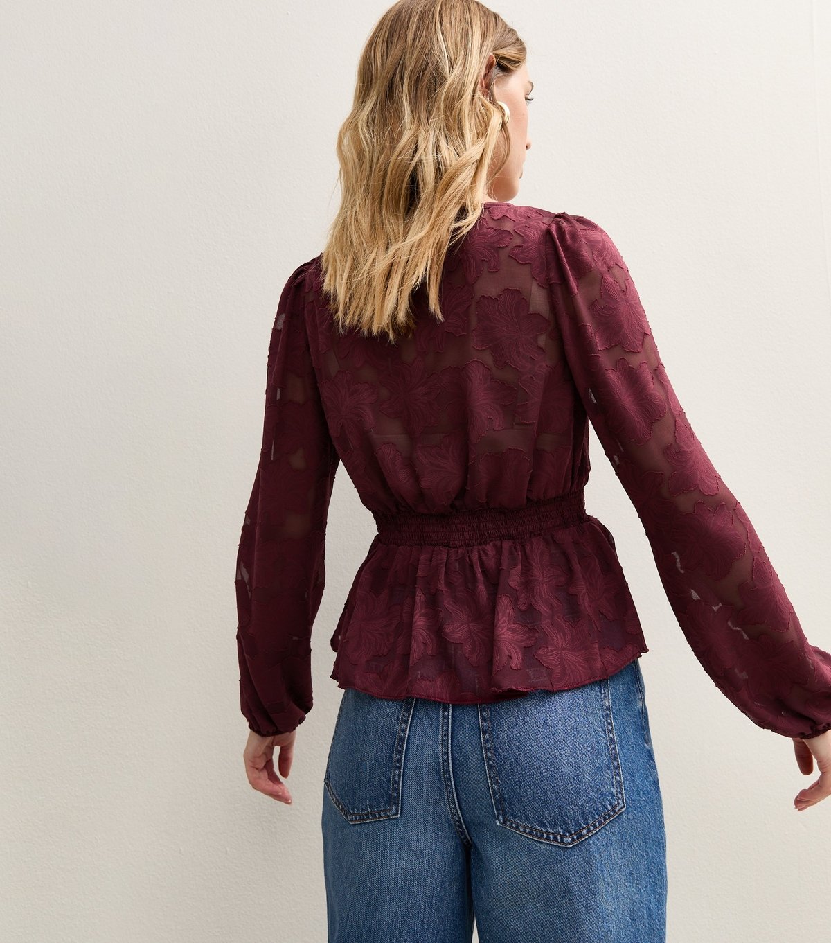 New Look Women's Burgundy Floral Jacquard Buttoned Long Sleeve Blouse New Look - 4