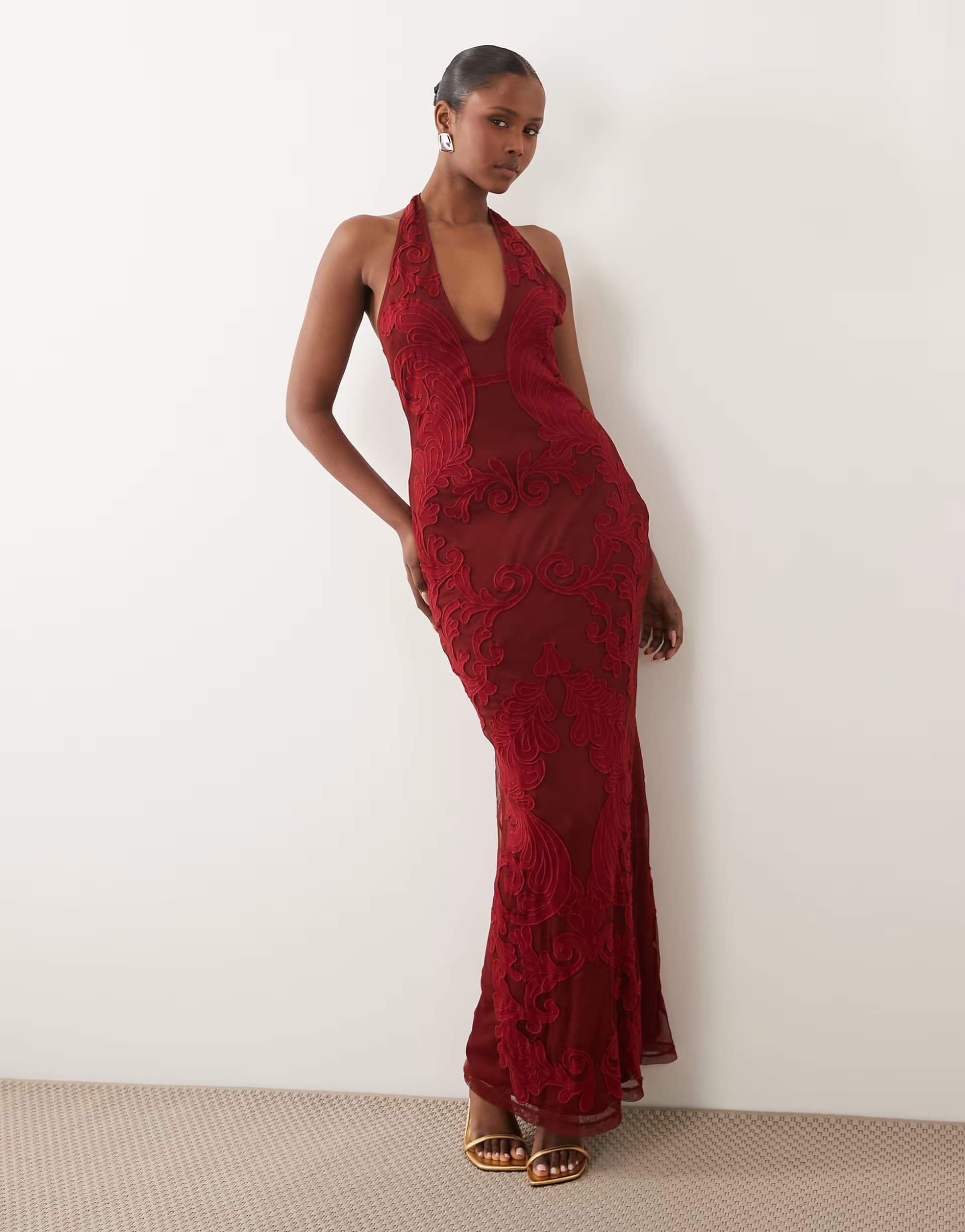 ASOS ASOS DESIGN Premium embroidered applique scoop halter maxi dress in red 