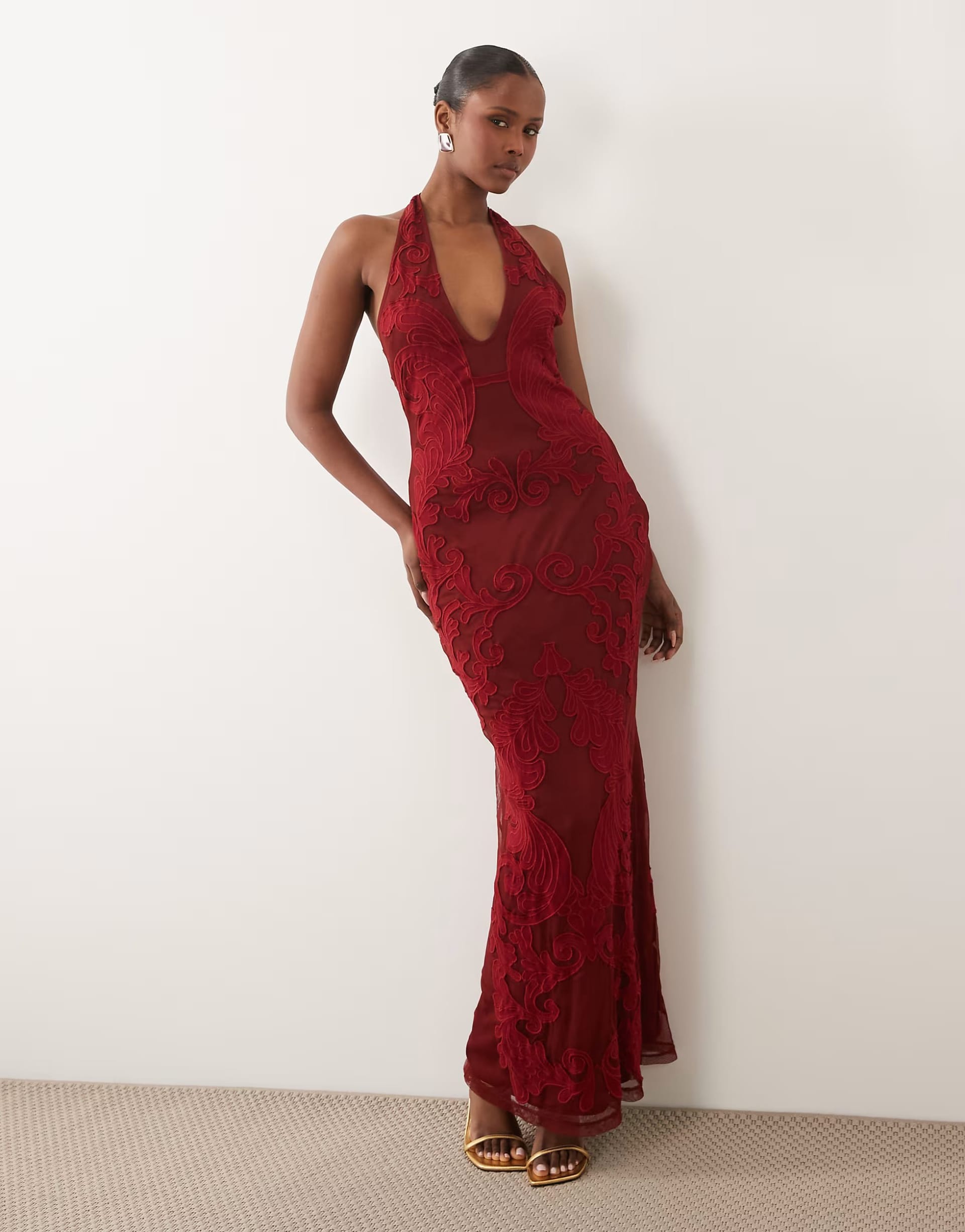 ASOS DESIGN Red Embroidered Appliqué Halter Maxi Dress