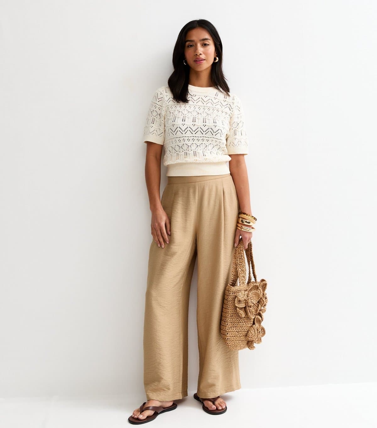New Look Women's Petite Stone Pull On Wide Leg Trousers New Look