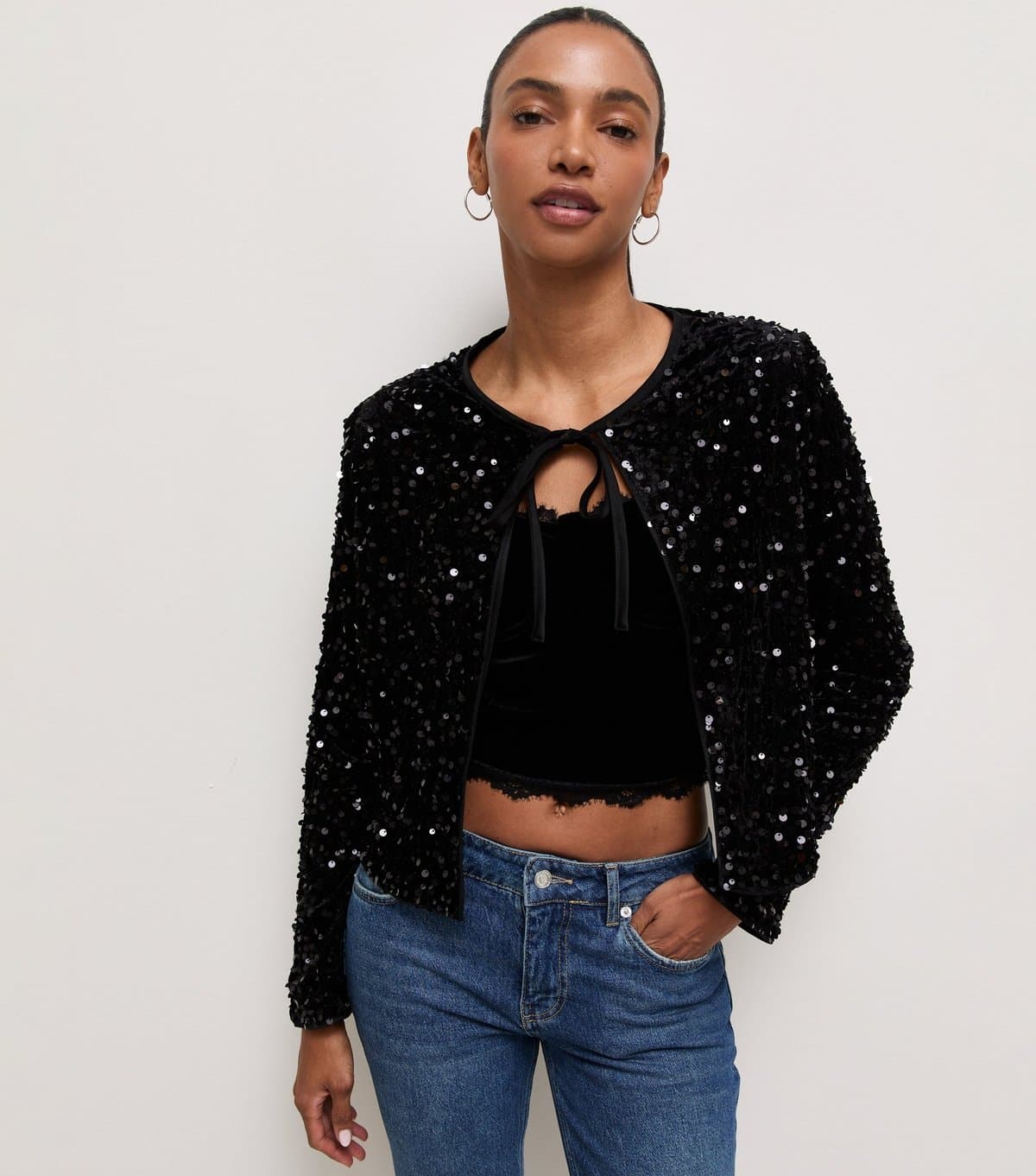 New Look Women's Black Sequin Front Tie Jacket New Look