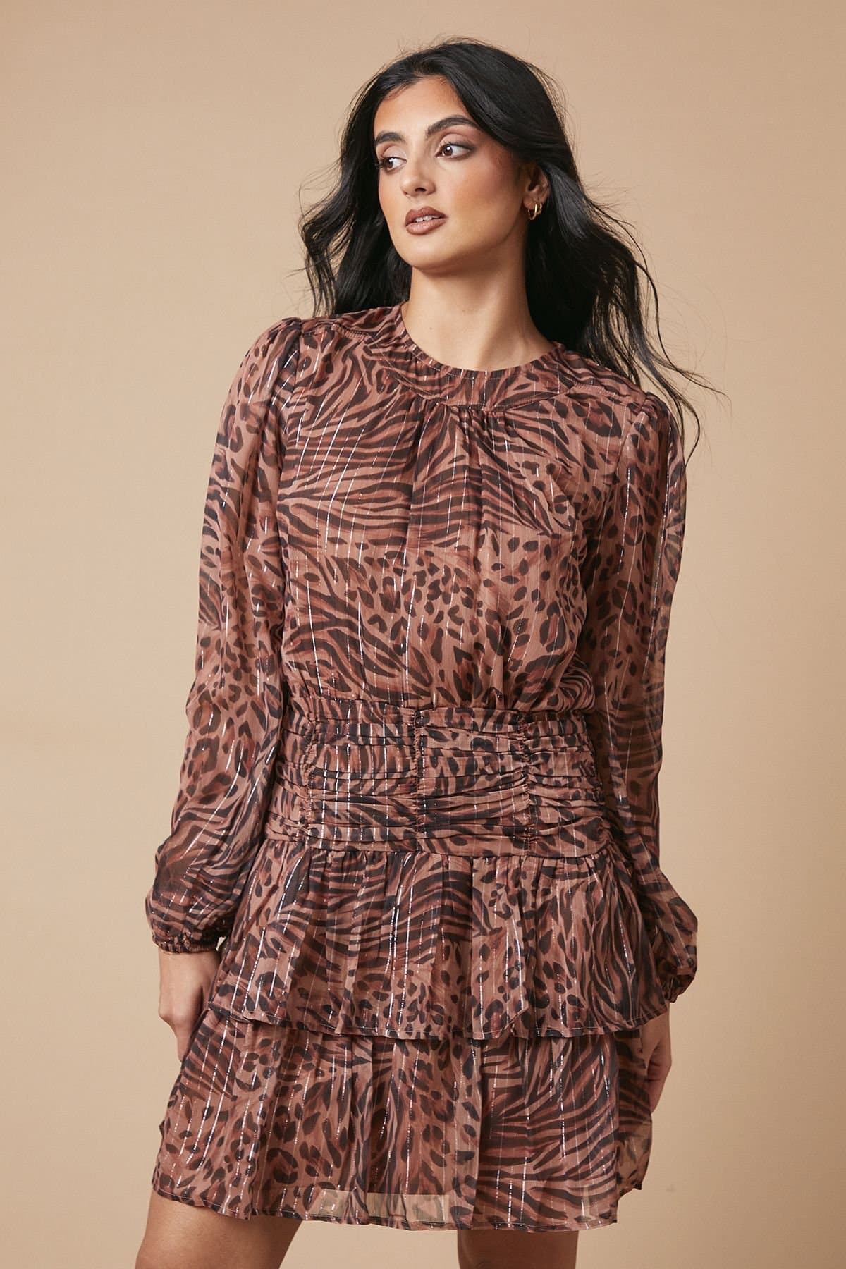 Oasis Oasis Women's Animal Chiffon Gathered Ruched Mini Dress