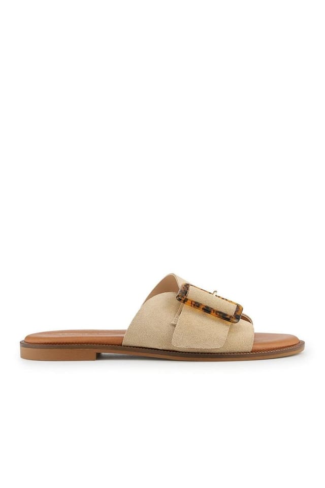 Jones Bootmaker Jones Bootmaker Women's Jasmyn Leather Peep Toe Mule Sandals in Beige - 2
