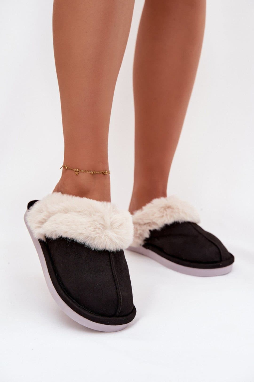 Love Lace Love Lace Women's Warm Insulated Slippers in Suede with Fur Trim & Wide Toe in Black