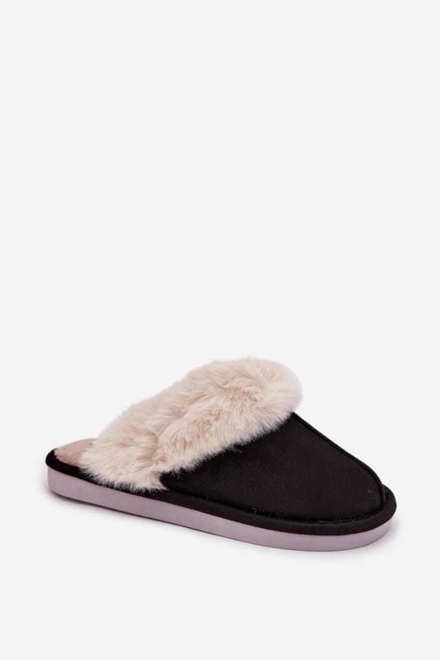 Love Lace Love Lace Women's Warm Insulated Slippers in Suede with Fur Trim & Wide Toe in Black - 2