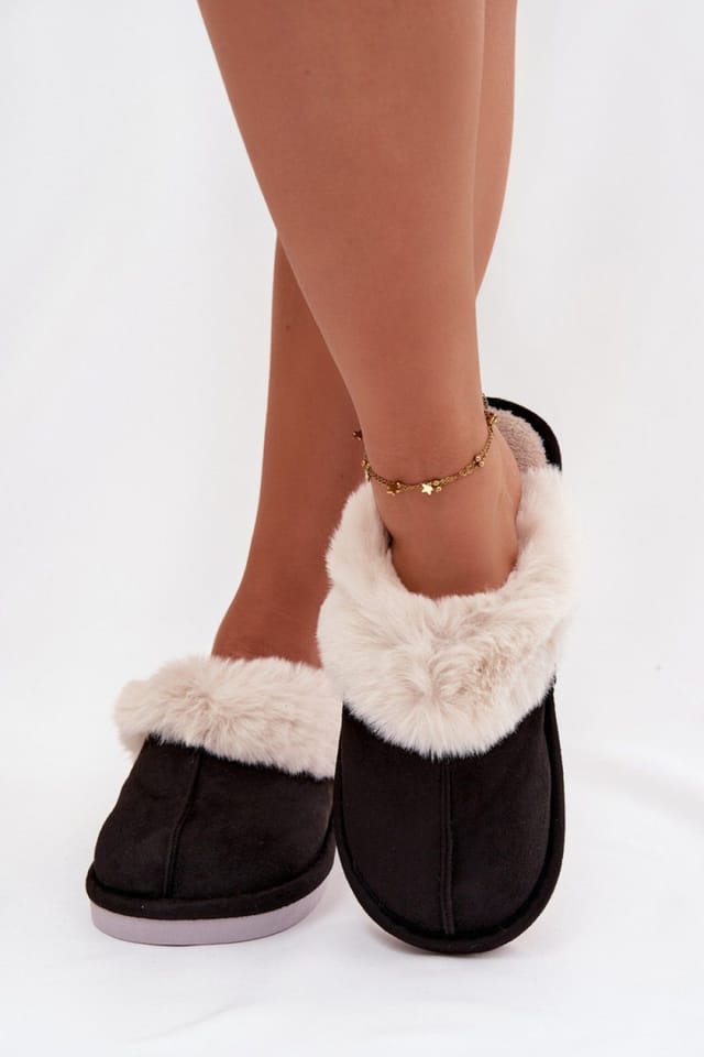 Love Lace Love Lace Women's Warm Insulated Slippers in Suede with Fur Trim & Wide Toe in Black - 3