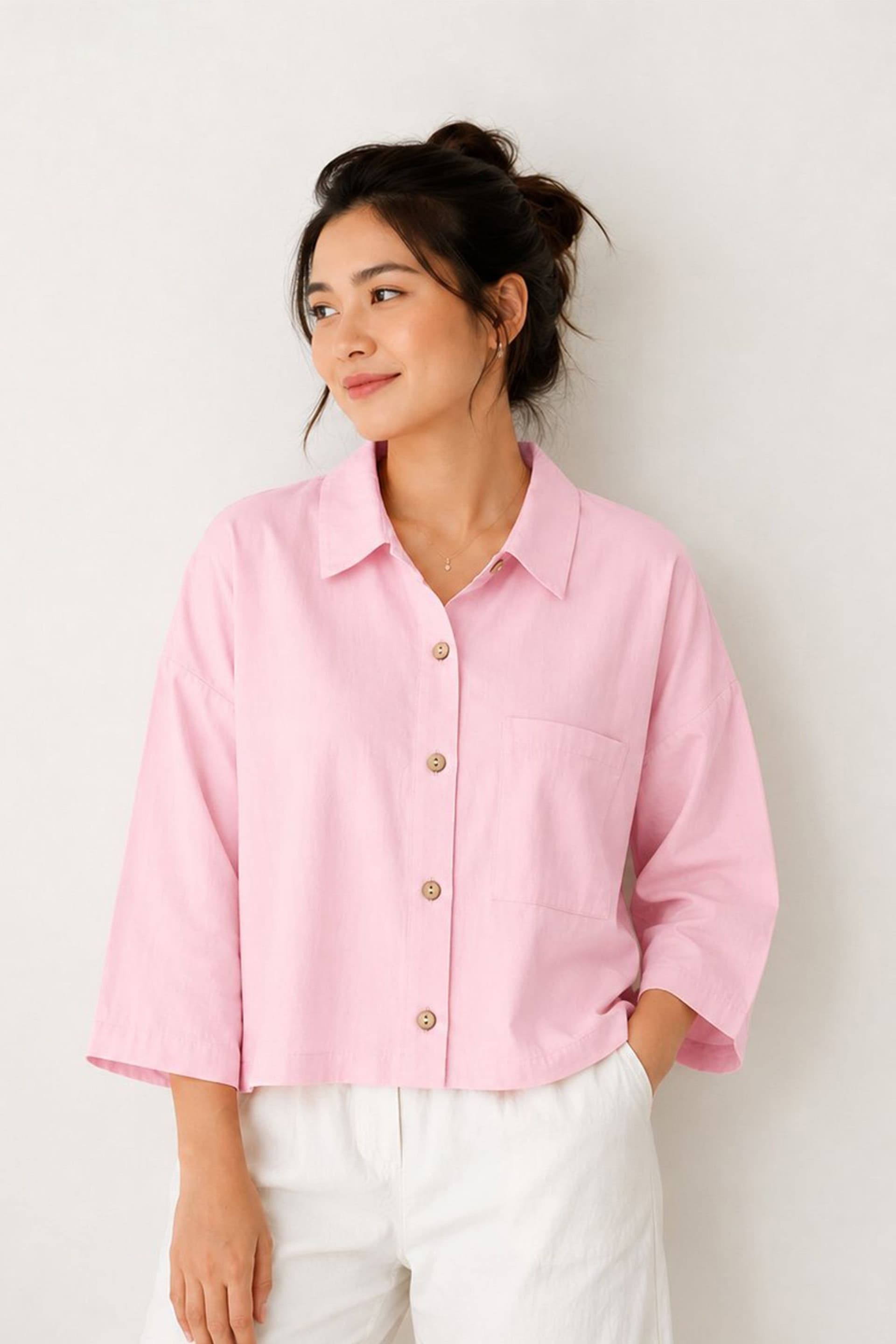 Gini London Gini London Women's Pink Cotton Cropped Button Up Shirt