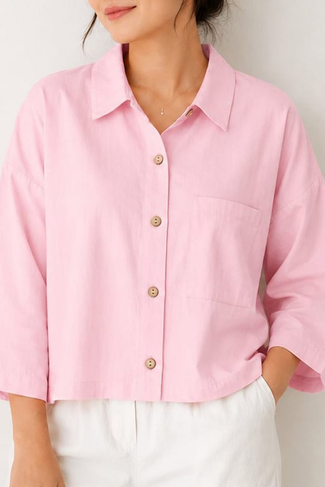 Gini London Gini London Women's Pink Cotton Cropped Button Up Shirt - 2