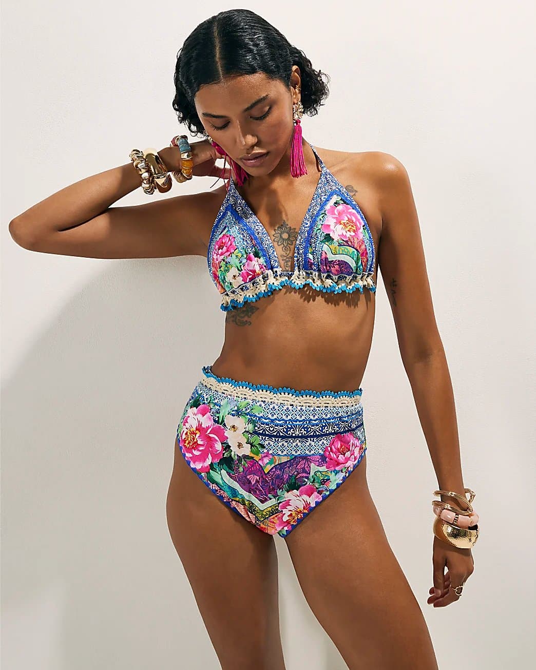 River Island River Island Womens Purple Crochet Trim Floral Bikini Bottoms