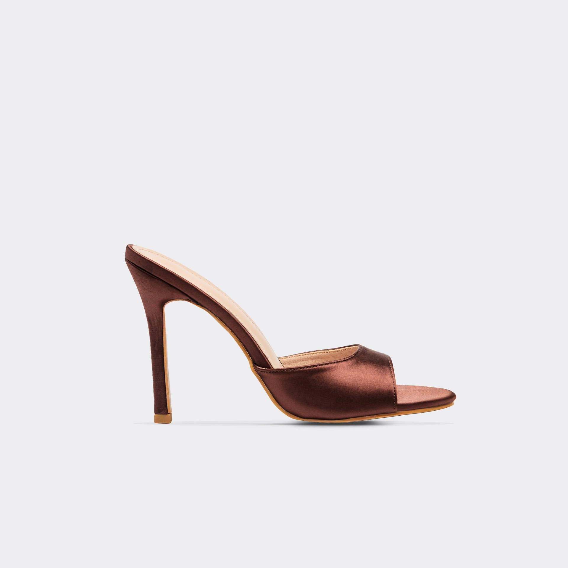 EGO Juicy Peep Toe Heeled Mule In Brown Satin., Women's Size UK 3