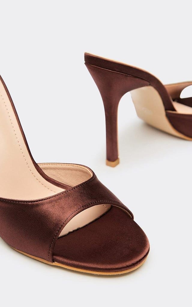 EGO Juicy Peep Toe Heeled Mule In Brown Satin., Women's Size UK 3 - 2