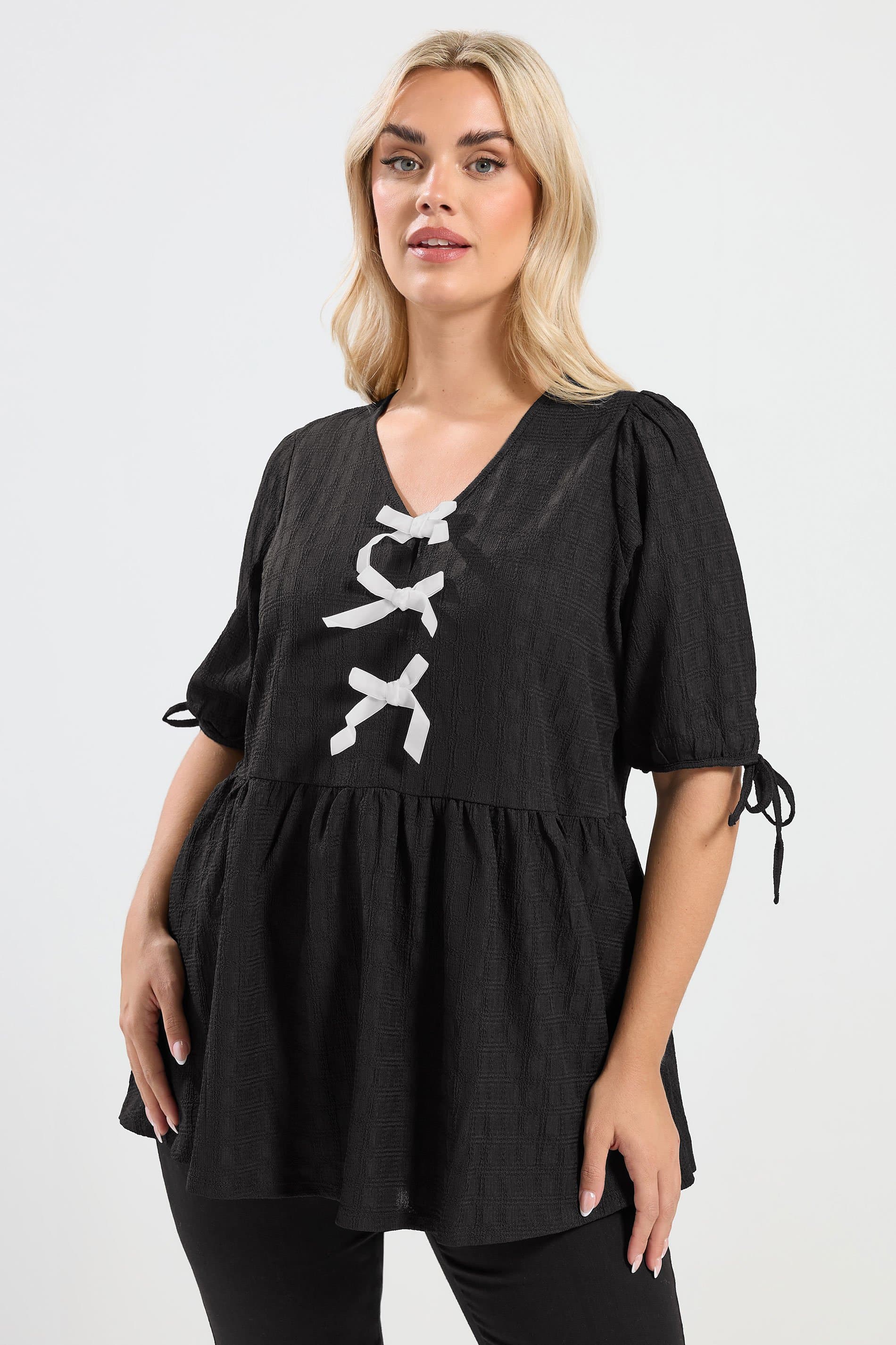 Yours Plus Size Black Textured Bow Tie Front Top