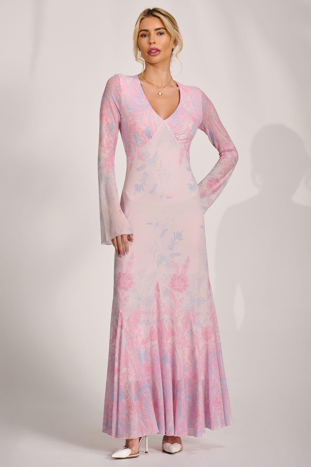 Jolie Moi Jolie Moi Women's Long Sleeve Godet Mesh Maxi Dress in Bright Pink